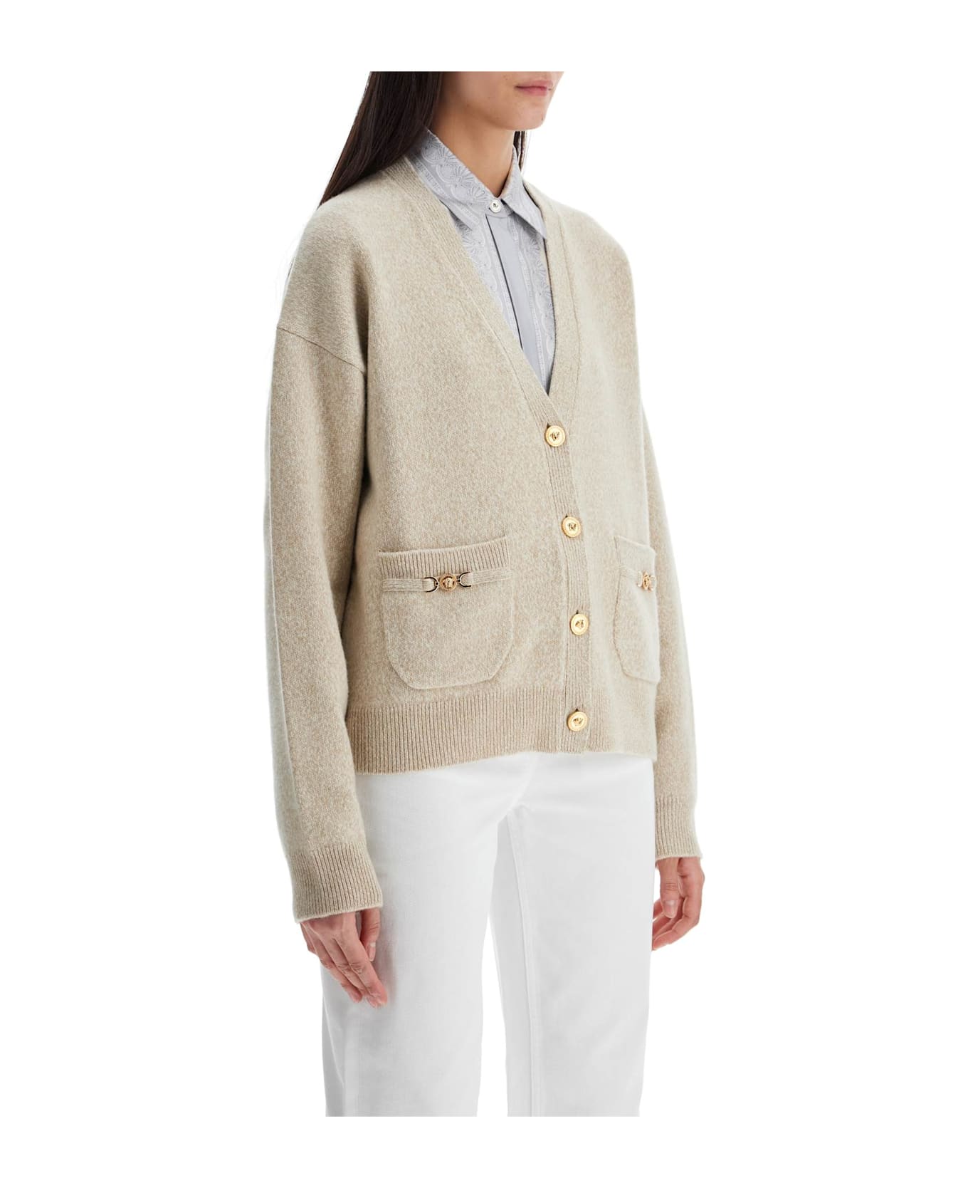 Versace Melange Beige Wool Blend Cardigan - BEIGEBONE