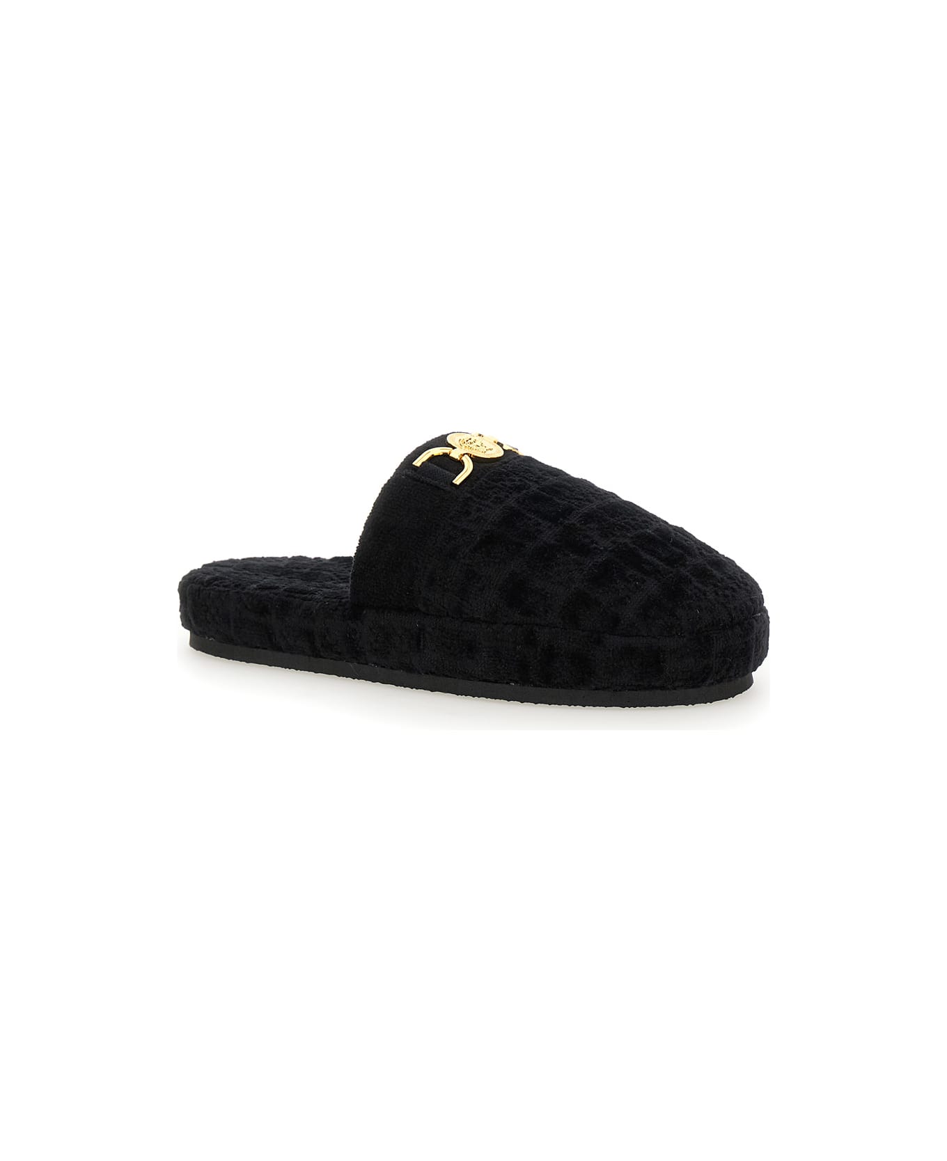 Versace Black Slippers With Logo Plaque In Fabric Man - Black