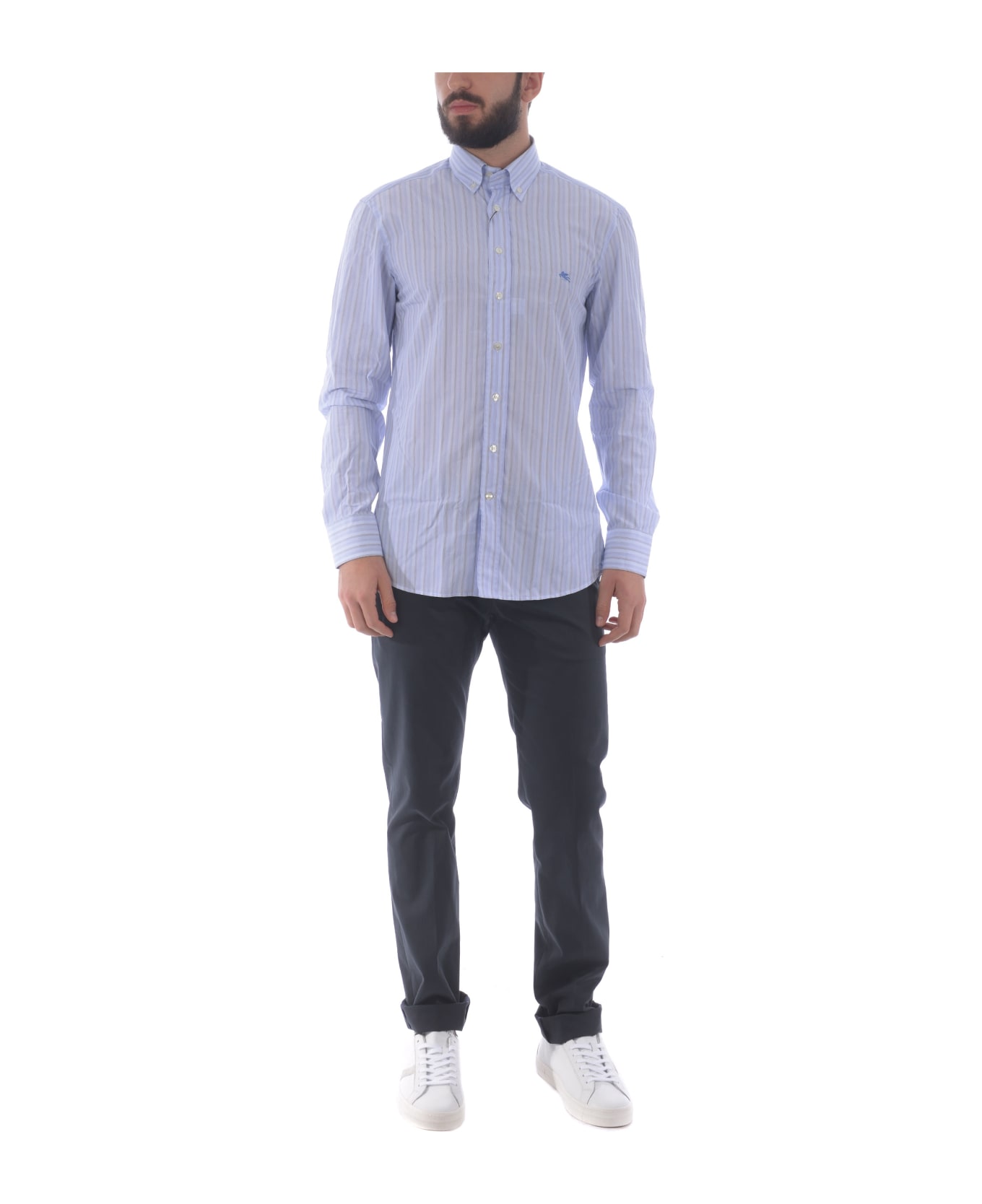 Etro Shirt "regular Button Down" In Striped Cotton - Bianco/blu シャツ