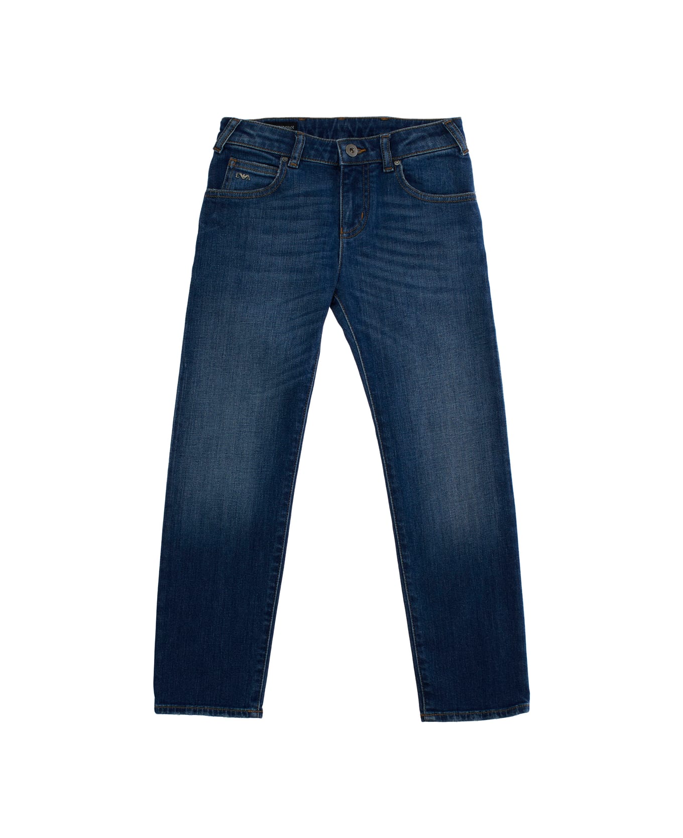 Emporio Armani Blue Jeans With Belt Loops And Logo Detail On The Pocket In Denim Boy - Blu