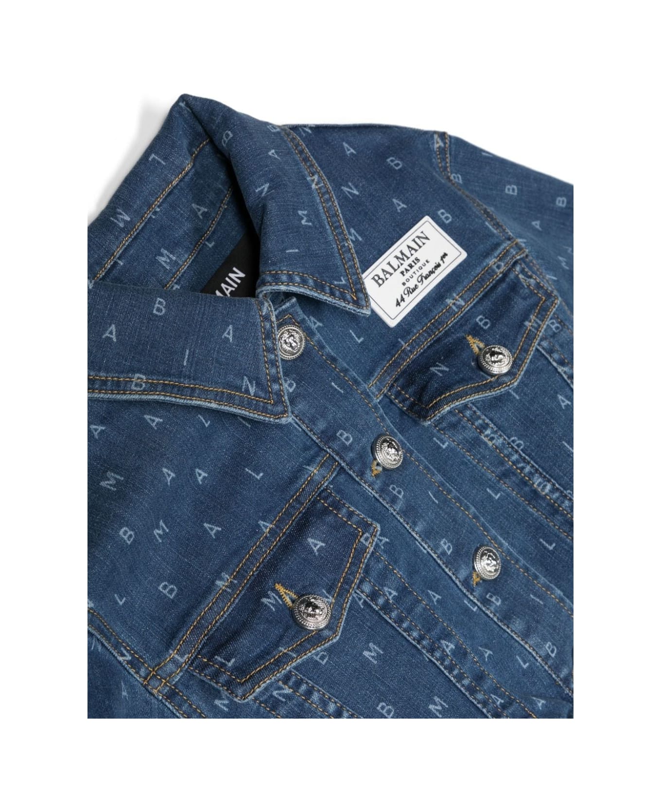 Balmain Denim Crop Jacket With All-over Logo - Blue