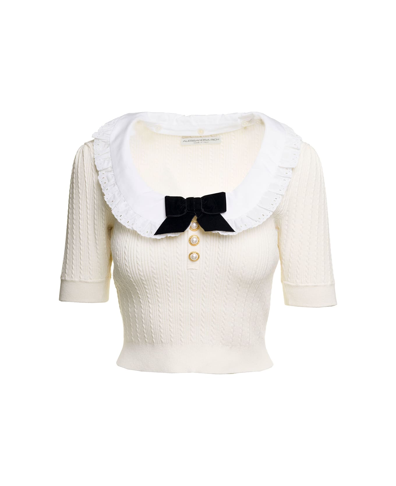 Alessandra Rich White Knitted Jumper With Bow Detail In Cotton Blend Woman - White