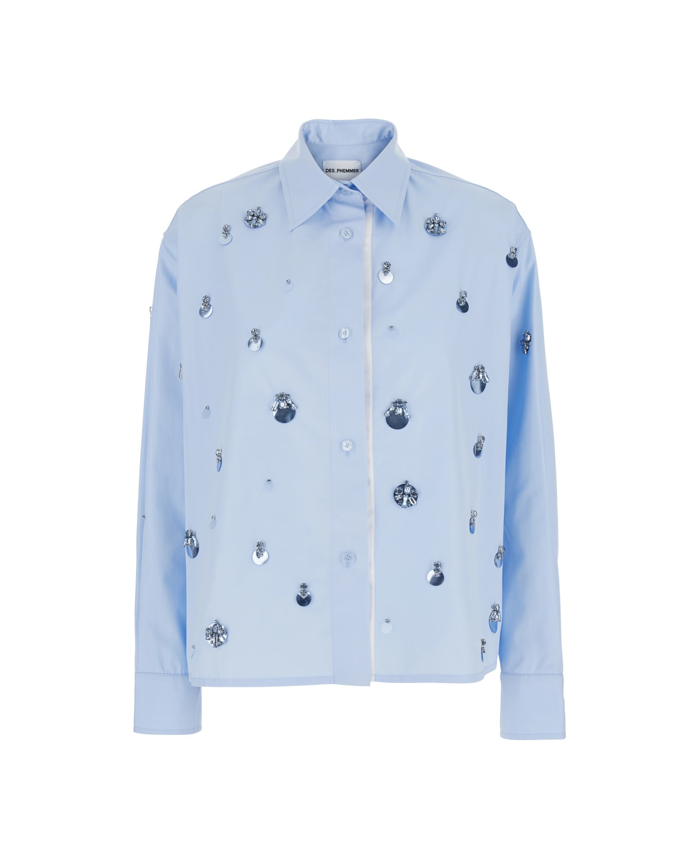 Des Phemmes Light Blue Shirt With Classic Collar And Embellishments On The Front In Cotton Woman - Light blue