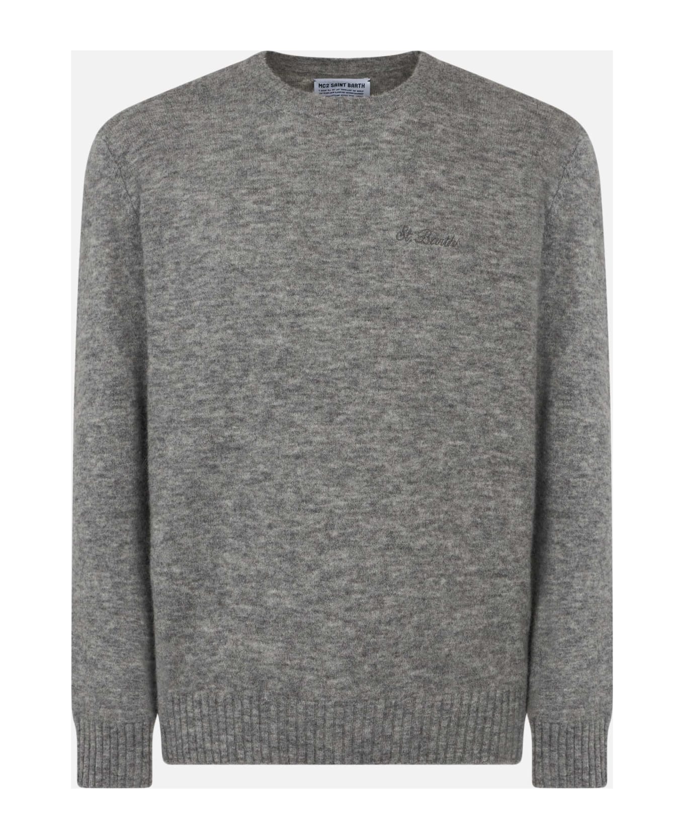 MC2 Saint Barth Man Grey Mélange Stretch Wool Sweater With St. Barth Embroidery - GREY