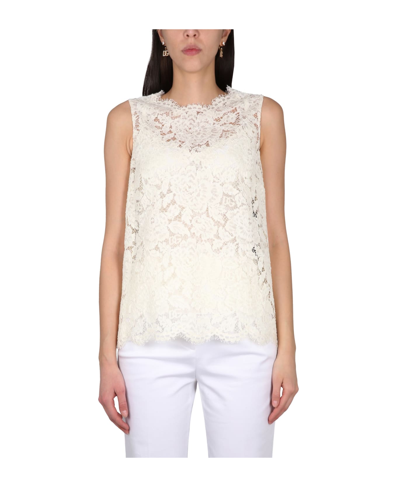 Dolce & Gabbana Logoed Stretch Lace Top - Ivory タンクトップ