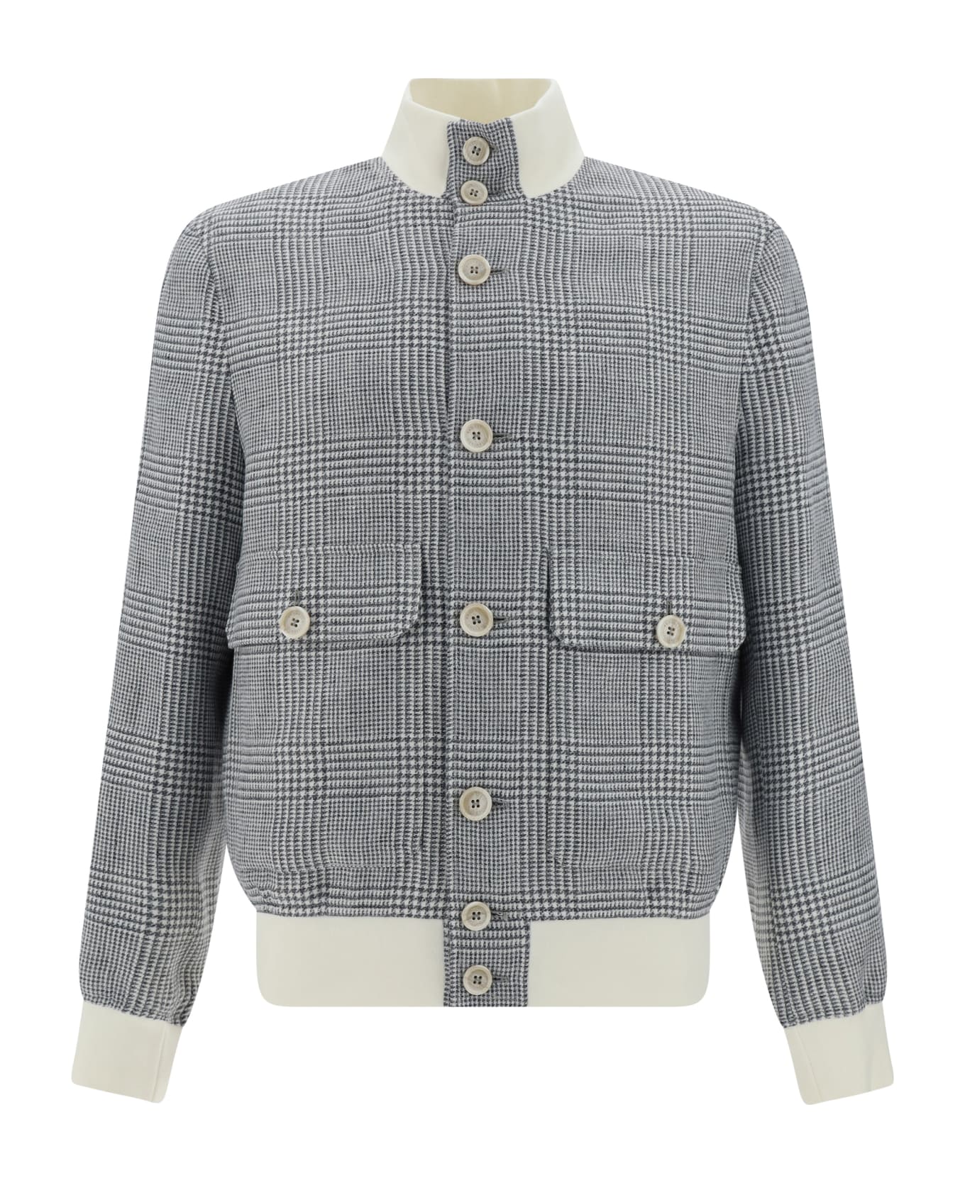 Brunello Cucinelli Linen, Wool And Silk Checked Jacket - Grigio+off White