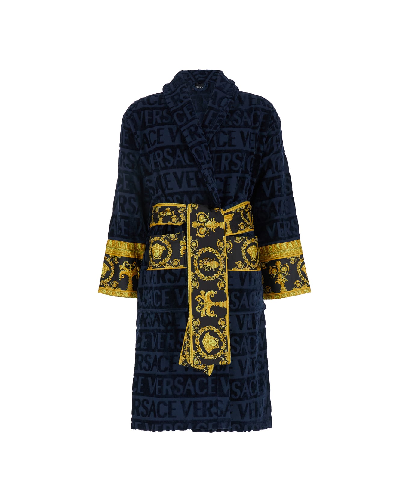 Versace 
baroque
 Blue Bathrobe With All-over Logo Print In Cotton Home - Blu