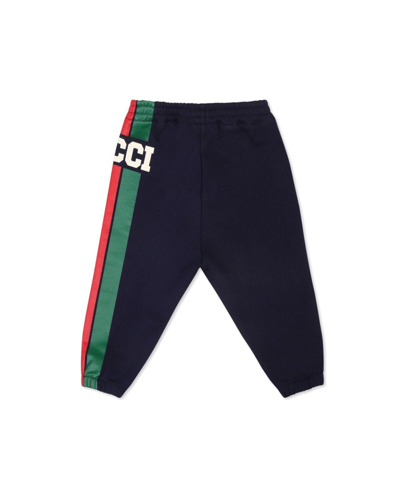 Gucci Black Pants With Web Detail And Logo Lettering In Fabric Baby - Blu