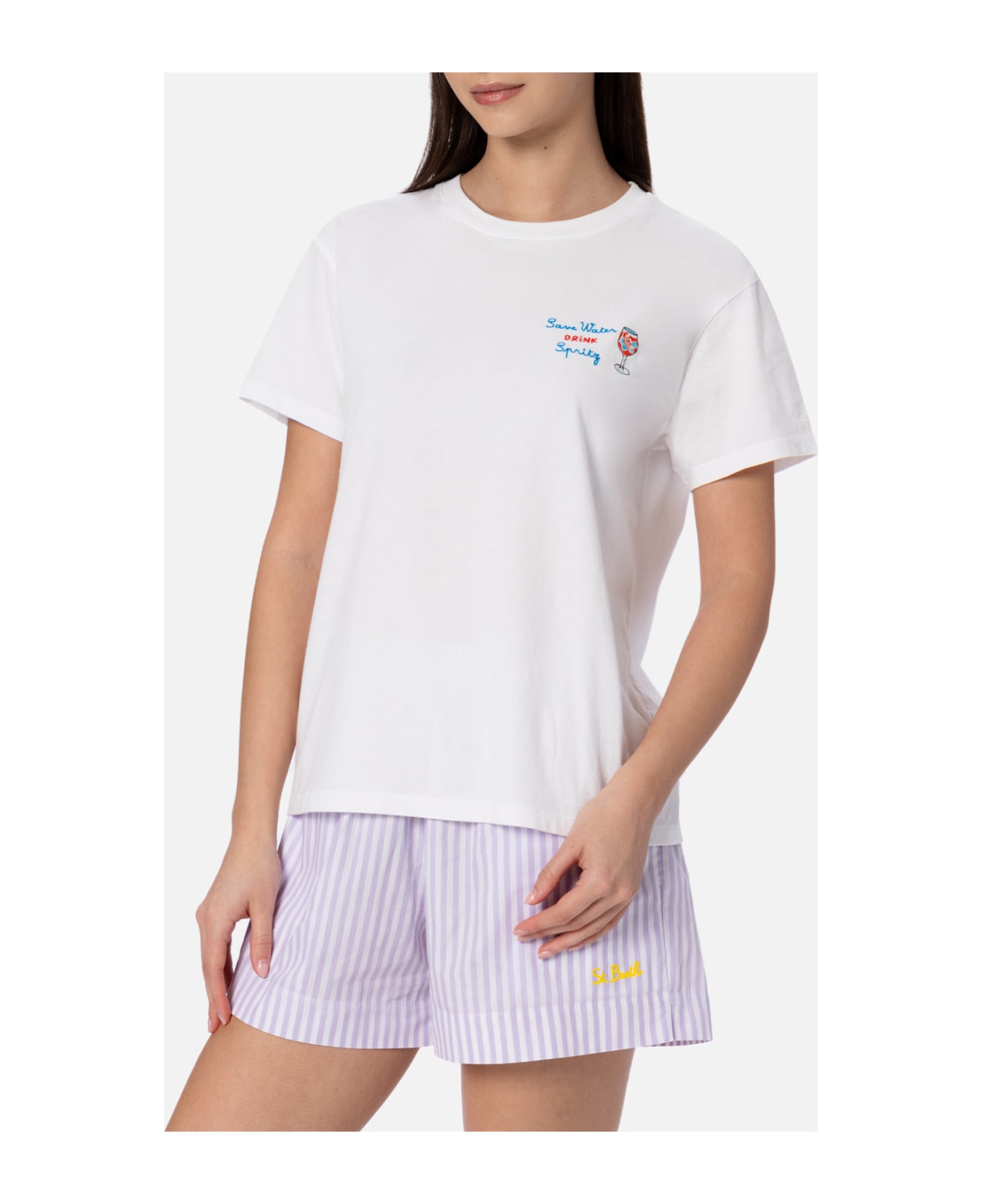MC2 Saint Barth Woman Cotton Jersey Crewneck T-shirt Emilie With Save Water, Drink Spritz Embroidery - WHITE