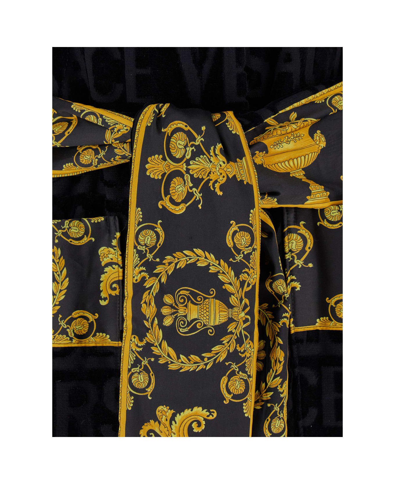 Versace Black Terry Cotton Bathrobe With Baroque Pattern - Black