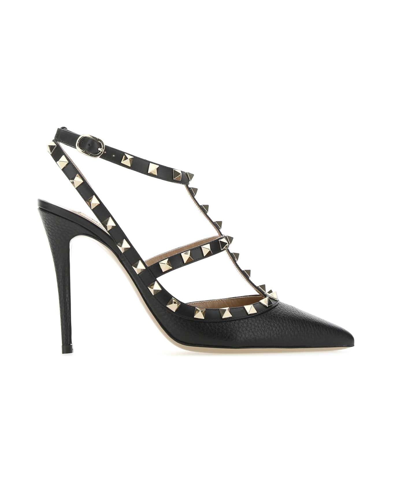 Black Leather Rockstud Pumps - Thumbnail 2
