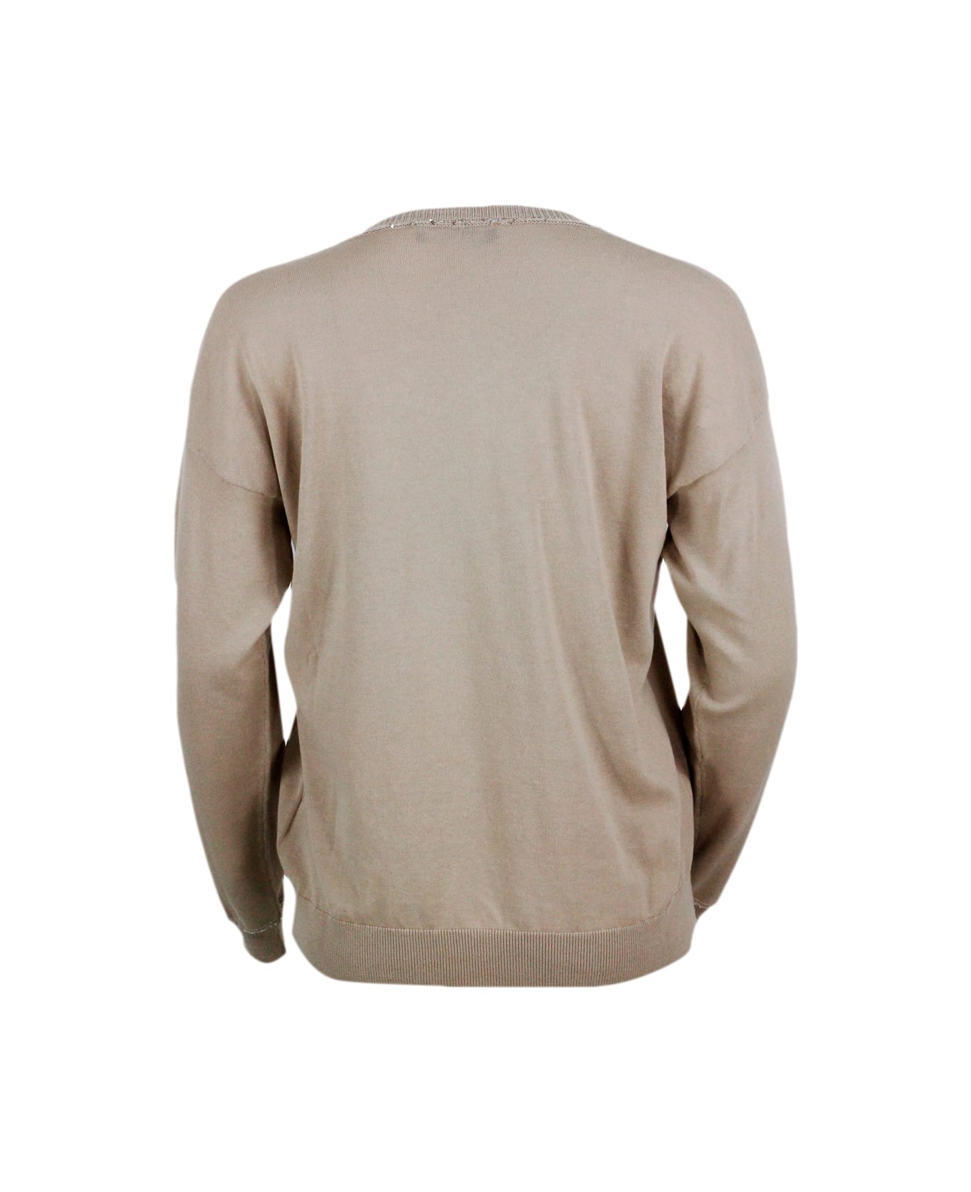 Fabiana Filippi Long-sleeved V-neck Sweater In Fine Cotton Embellished With Brilliant Applied Microsequins - Camel
