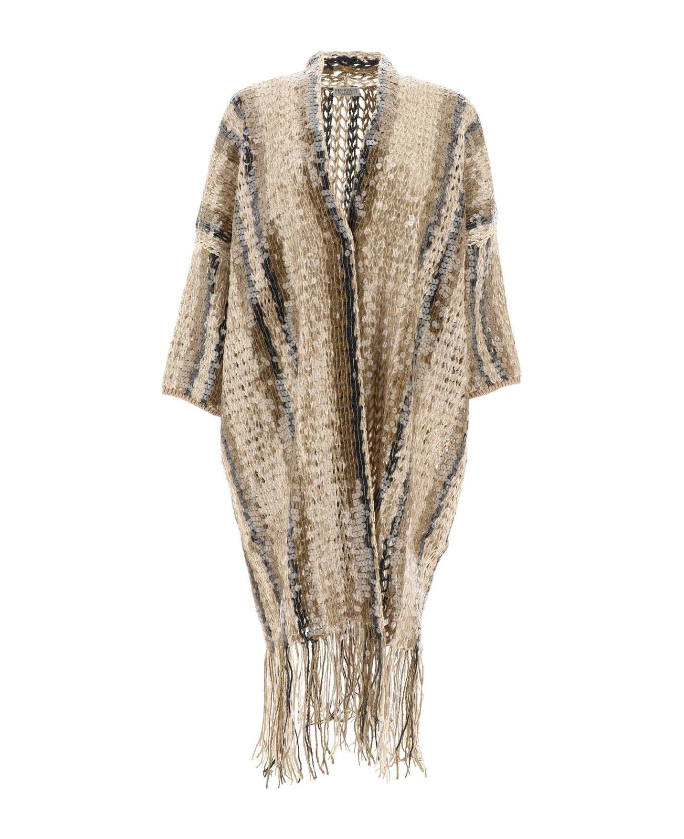 Brunello Cucinelli Sequin-embellished Fringed Knitted Cardigan - Oro