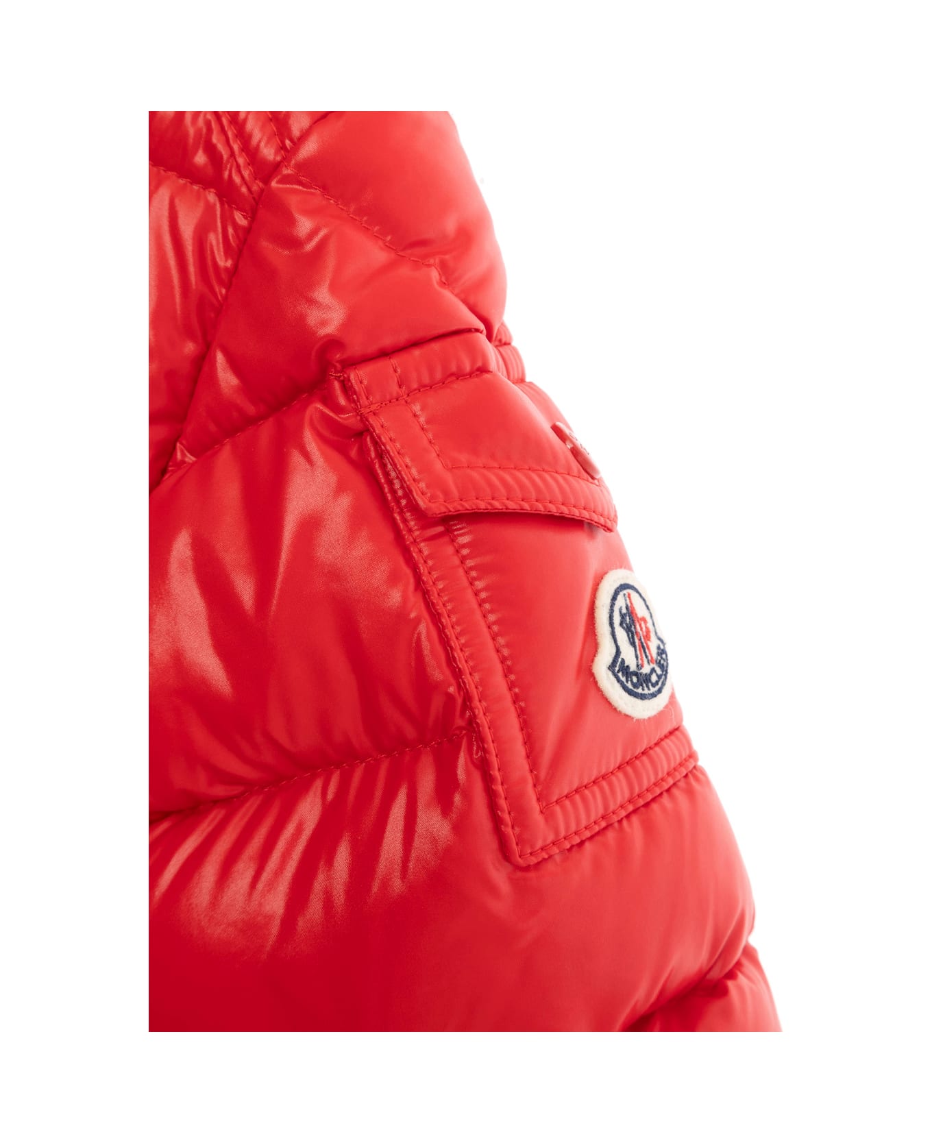 Moncler 'maya' Red Down Jacket With Hood And Logo Patch On The Sleeve In Tech Fabric Baby - Red