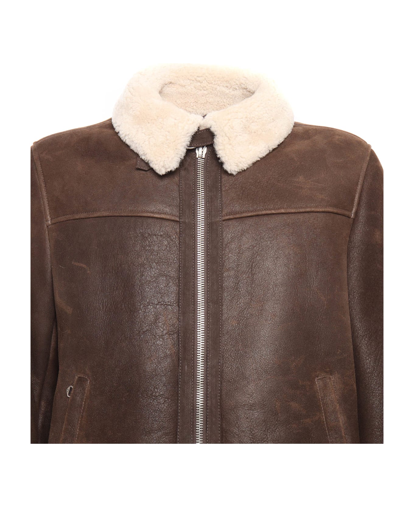 Stewart Shearling Jacket With Shirt Collar Closed With A Strap And Buckle, Double Slider Front Zip Closure, 2 Side Pockets With Zip, Rib Knit Bottom And Cuffs - BROWN