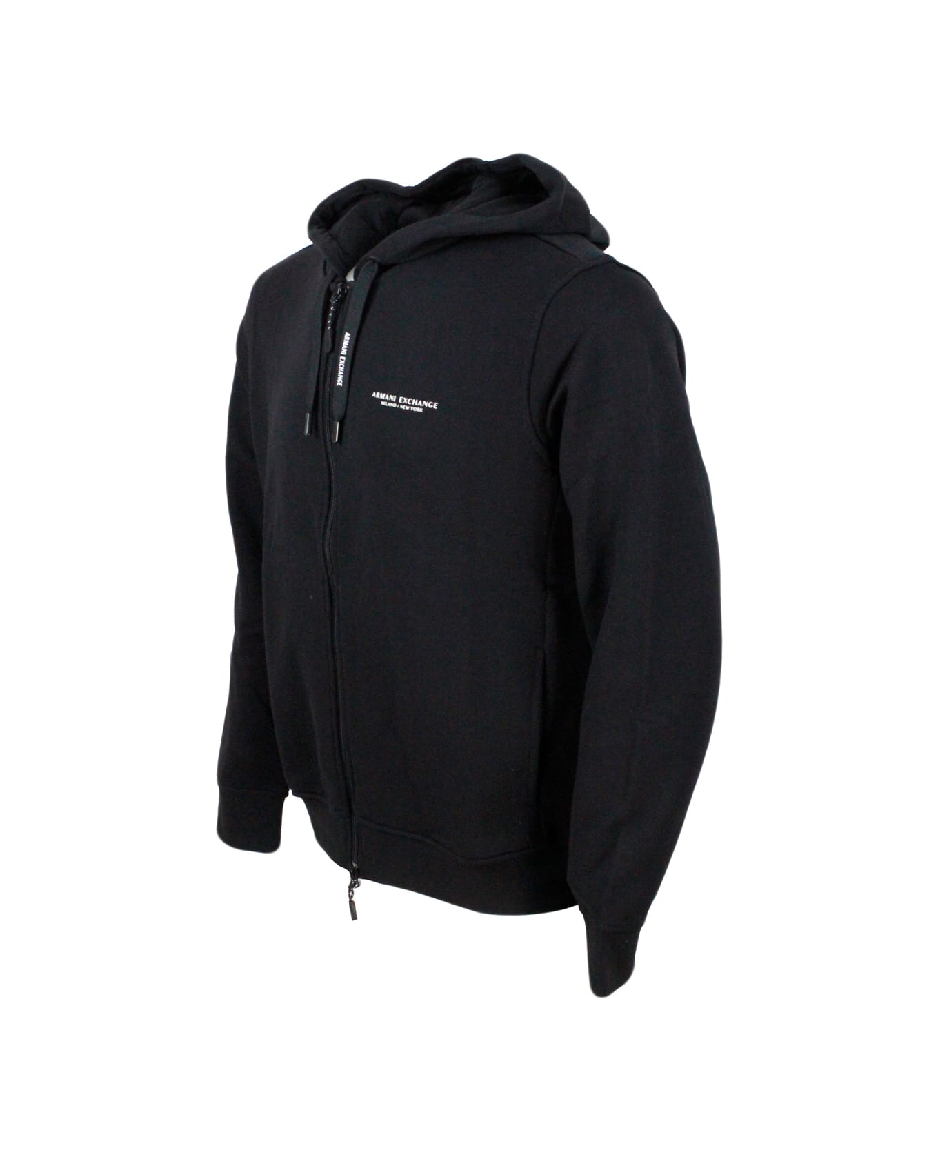 Armani Collezioni Long-sleeved Full Zip Drawstring Hoodie With Small Logo On The Chest - Black ニットウェア