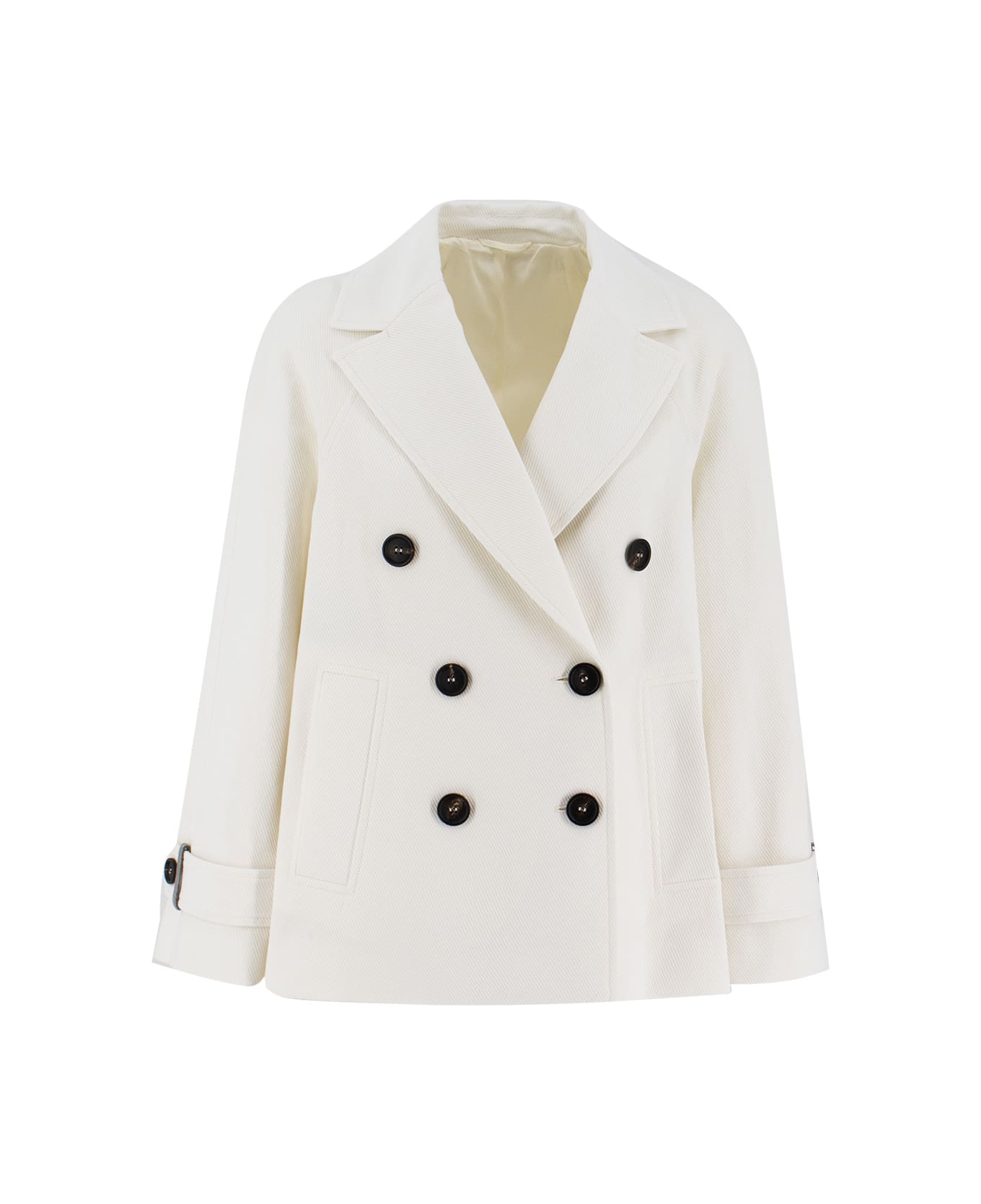 Brunello Cucinelli White Double Breasted Jacket With Beaded Jewelry Decoration In Cotton And Linen Blend Woman - PANNA コート