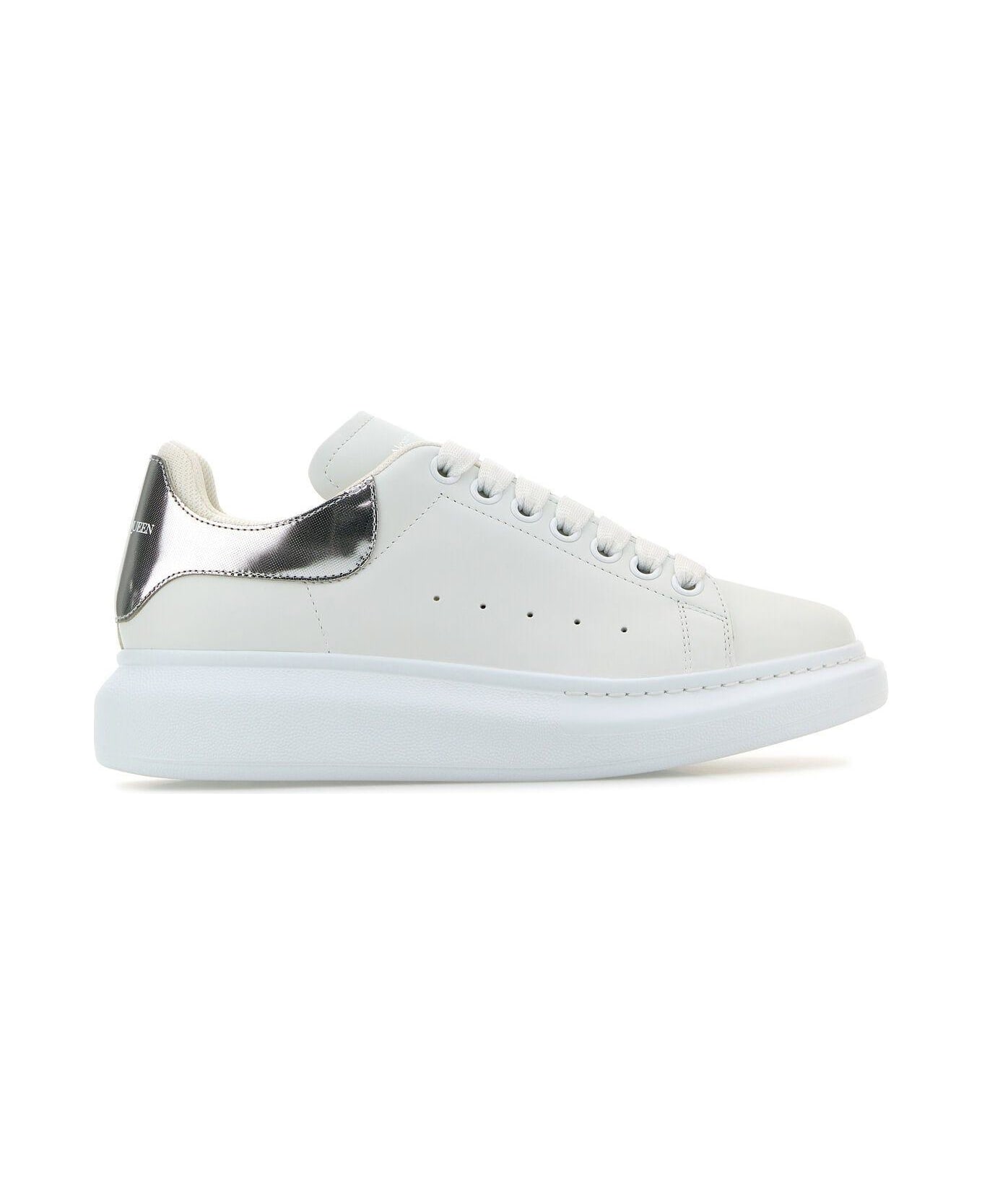 Alexander McQueen White Leather Sneakers With Silver Leather Heel - White