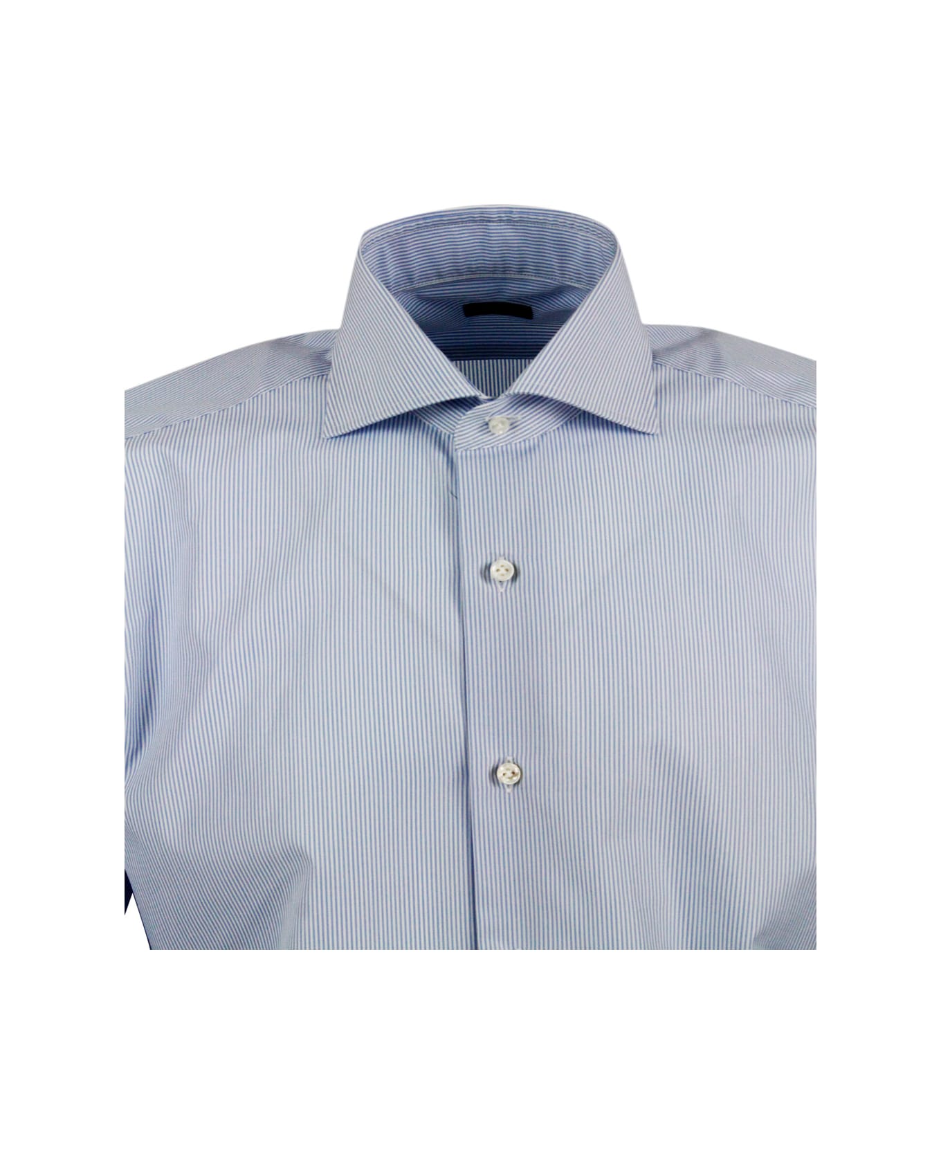 Barba Napoli Slim Fit Shirt With Fine Stripes In Fine Stretch Cotton, Italian Collar, Hand-sewn Black Label And Mother-of-pearl Buttons - Bianco - celeste
