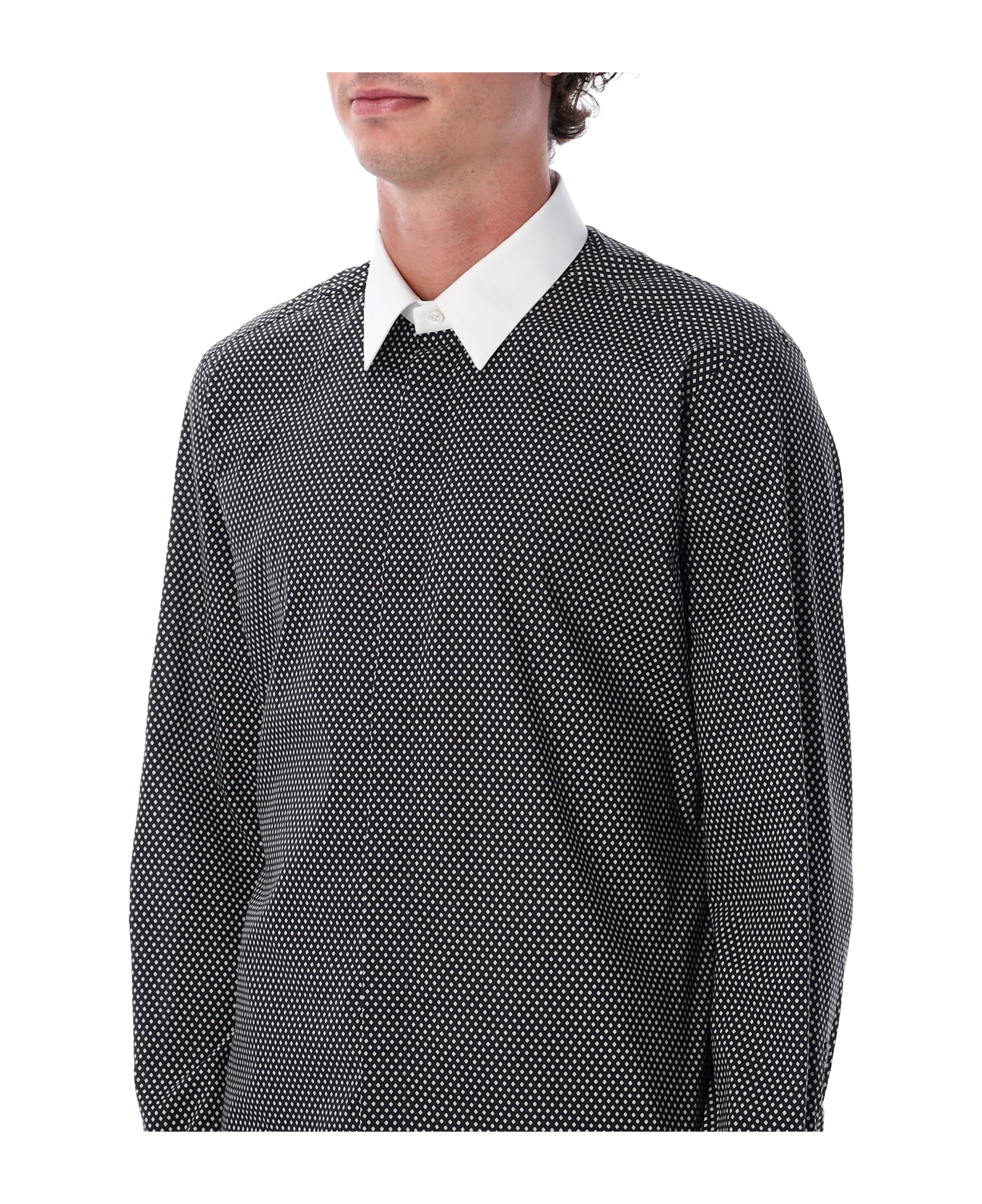 Tom Ford Cotton Shirt With Diamond Print And Contrast White Collar - BLACK