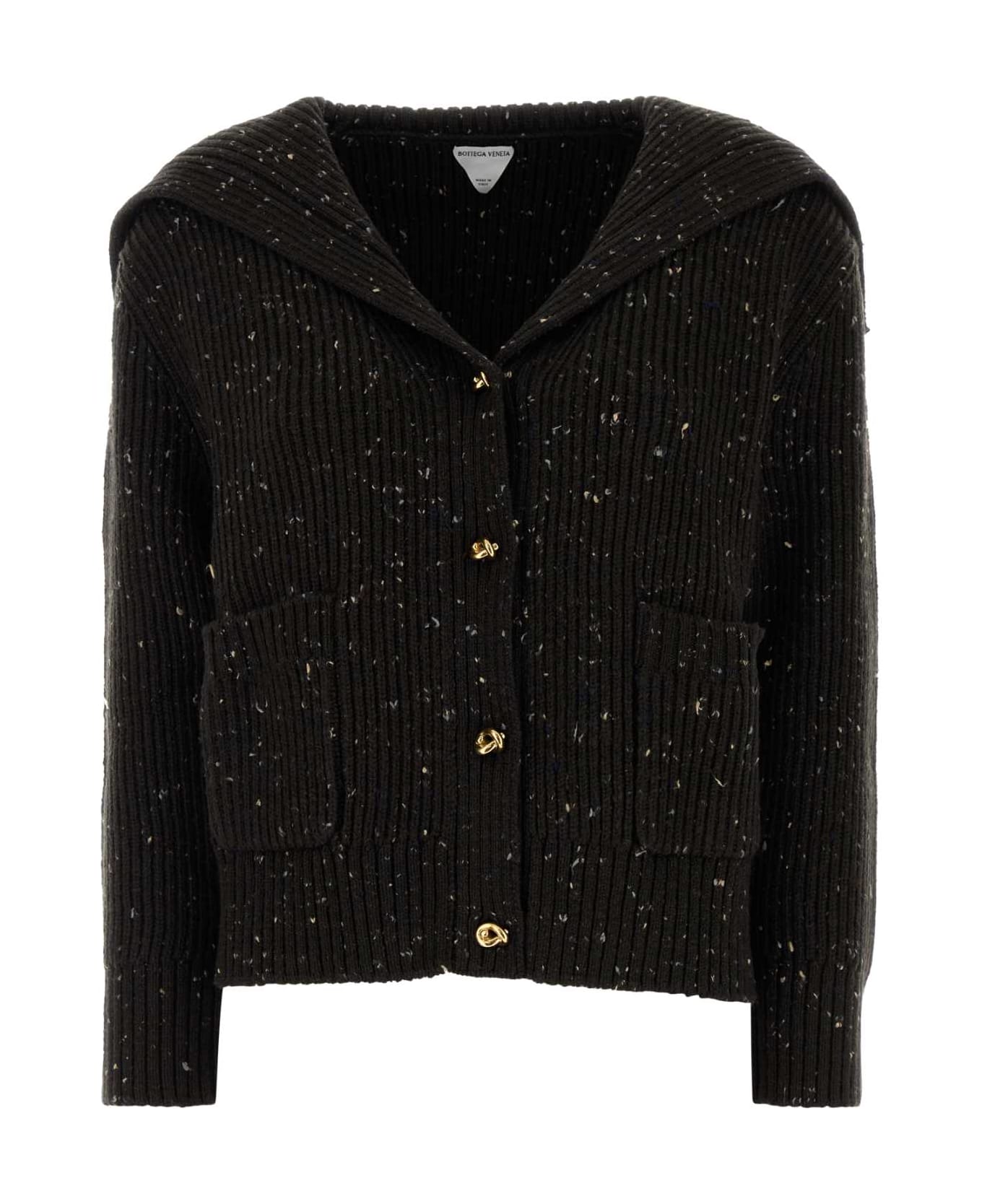 Bottega Veneta Melange Dark Brown Wool Blend Cardigan - FONDANT