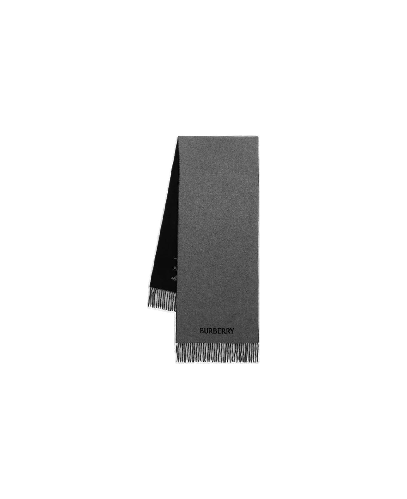 Burberry Logo Embroidered Fringed Scarf - Grey Black スカーフ