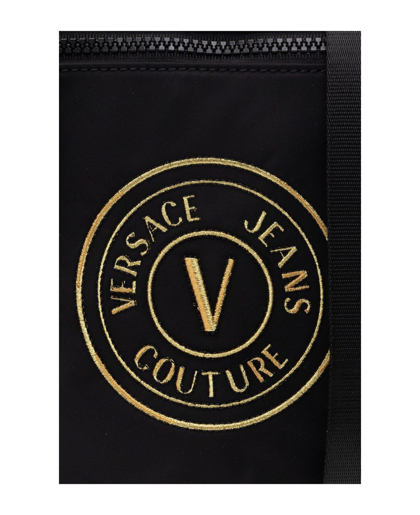 Versace Jeans Couture Logo Embroidered Zipped Messenger Bag - Black