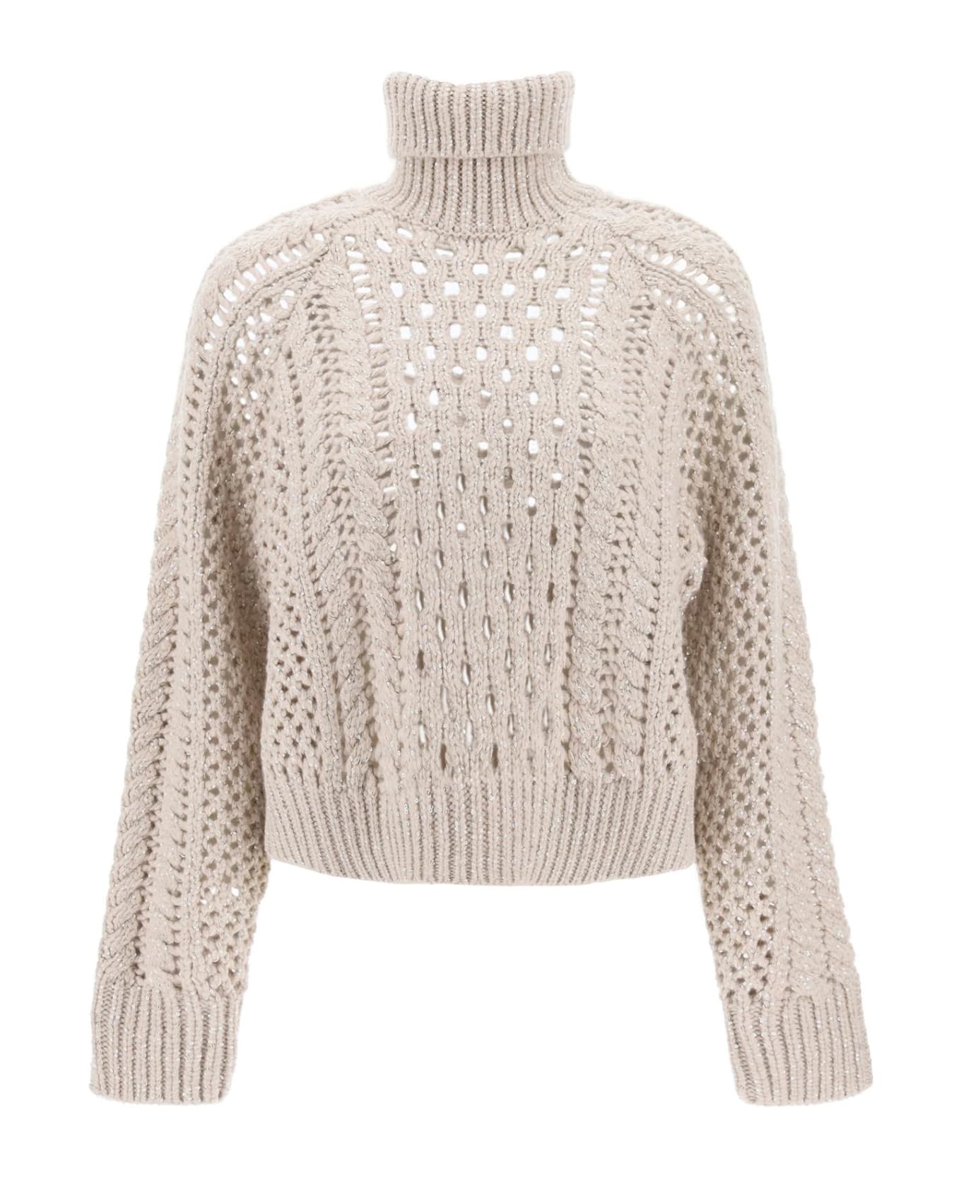 Brunello Cucinelli 'dazzling Irish Cables' Turtleneck Sweater - Feather+stracciatella