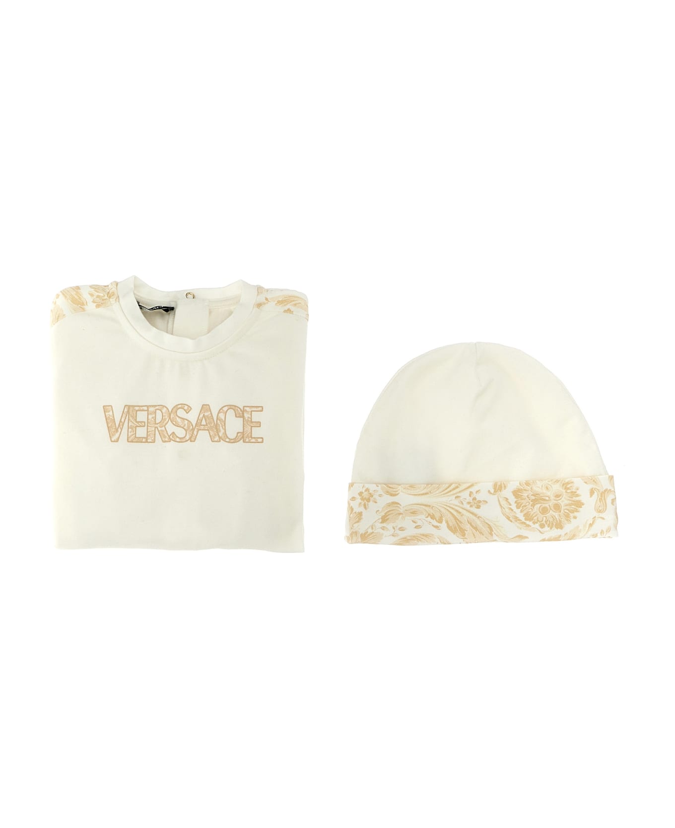 Versace 'barocco' Sleepsuit And Beanie Baby Set - White