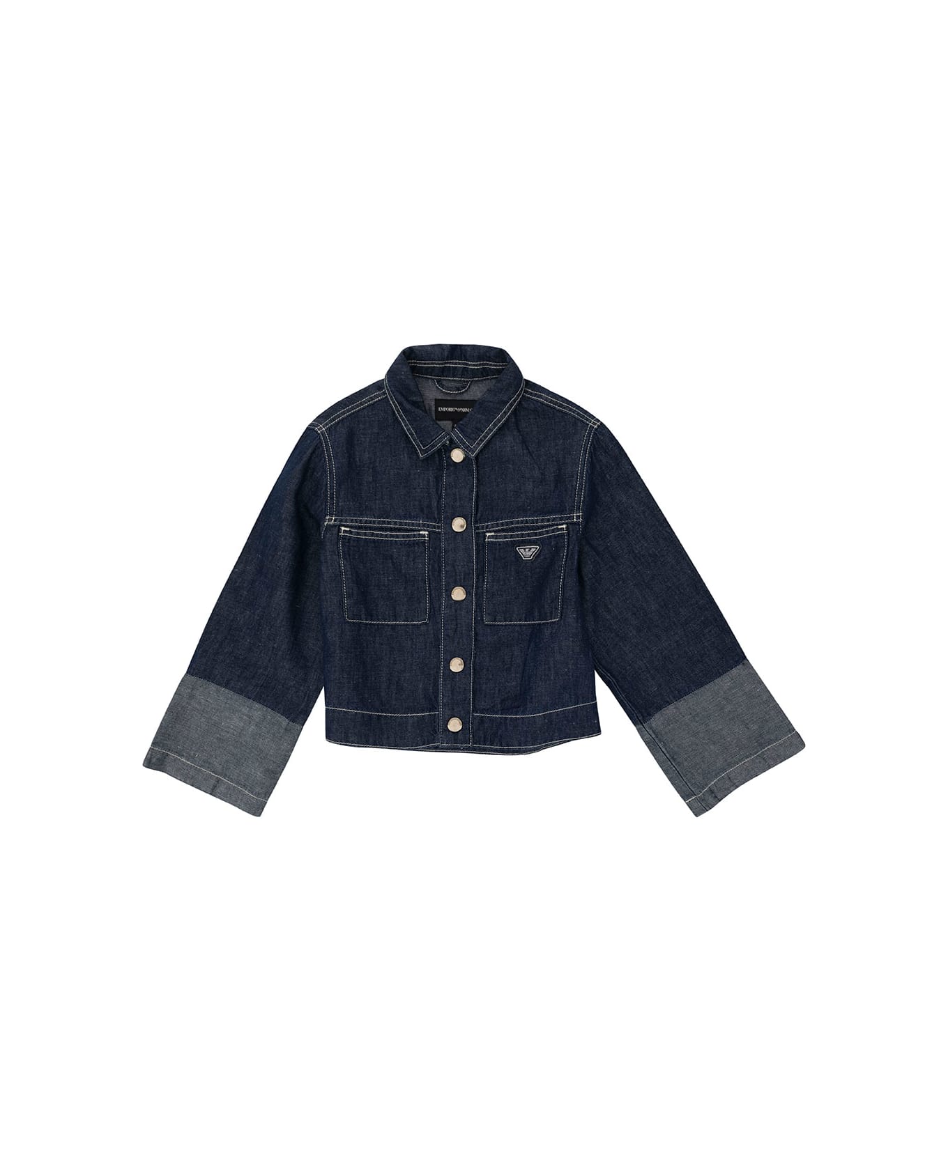 Emporio Armani Blue Jacket With Buttons And Logo Patch In Cotton And Linen Girl - Blu コート＆ジャケット