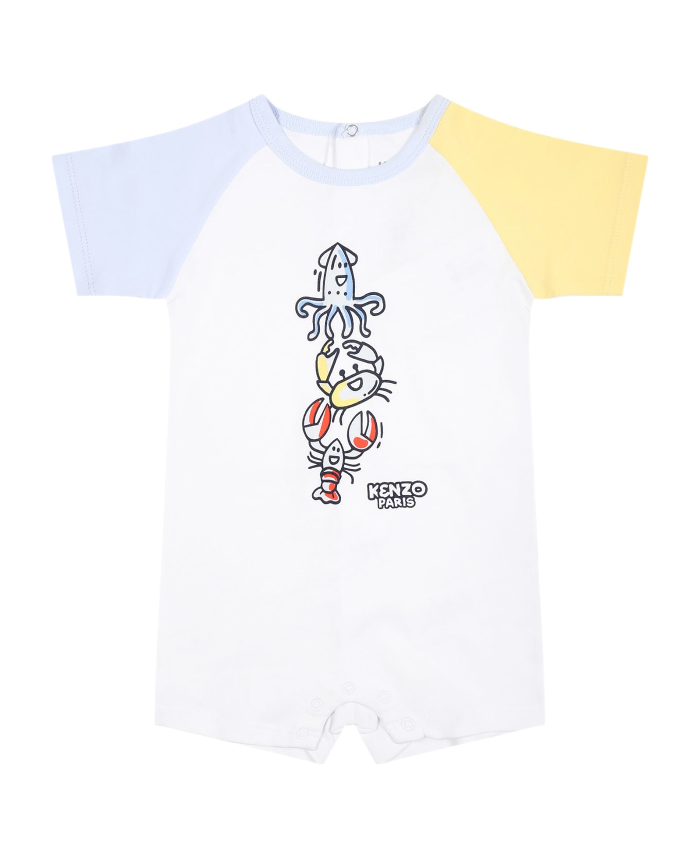 Kenzo Kids White Romper For Baby Boy With Marine Animals And Logo - White ボディスーツ＆セットアップ