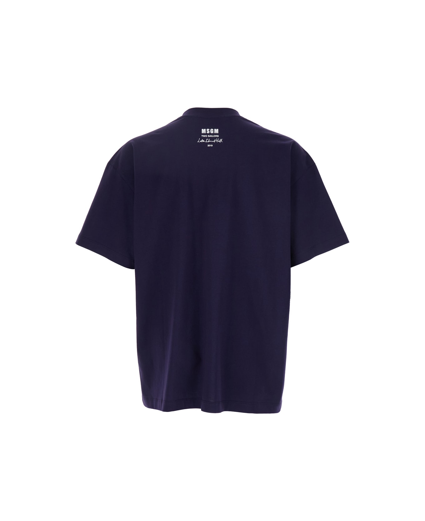 MSGM Blue Crewneck T-shirt With Patch On The Front And Logo Lettering On The Back In Cotton Man - Blu