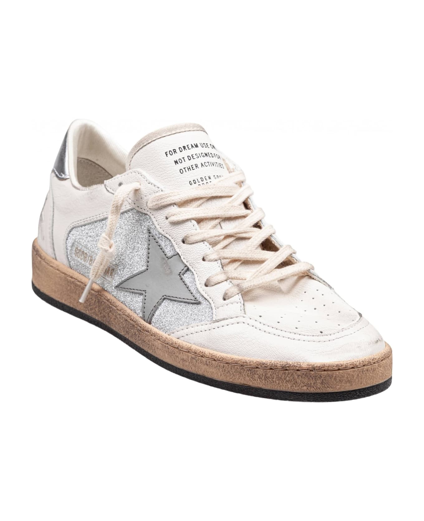 Golden Goose Ballstar In Nappa And Glitter Natural And Silver Color - NATURAL/SILVER