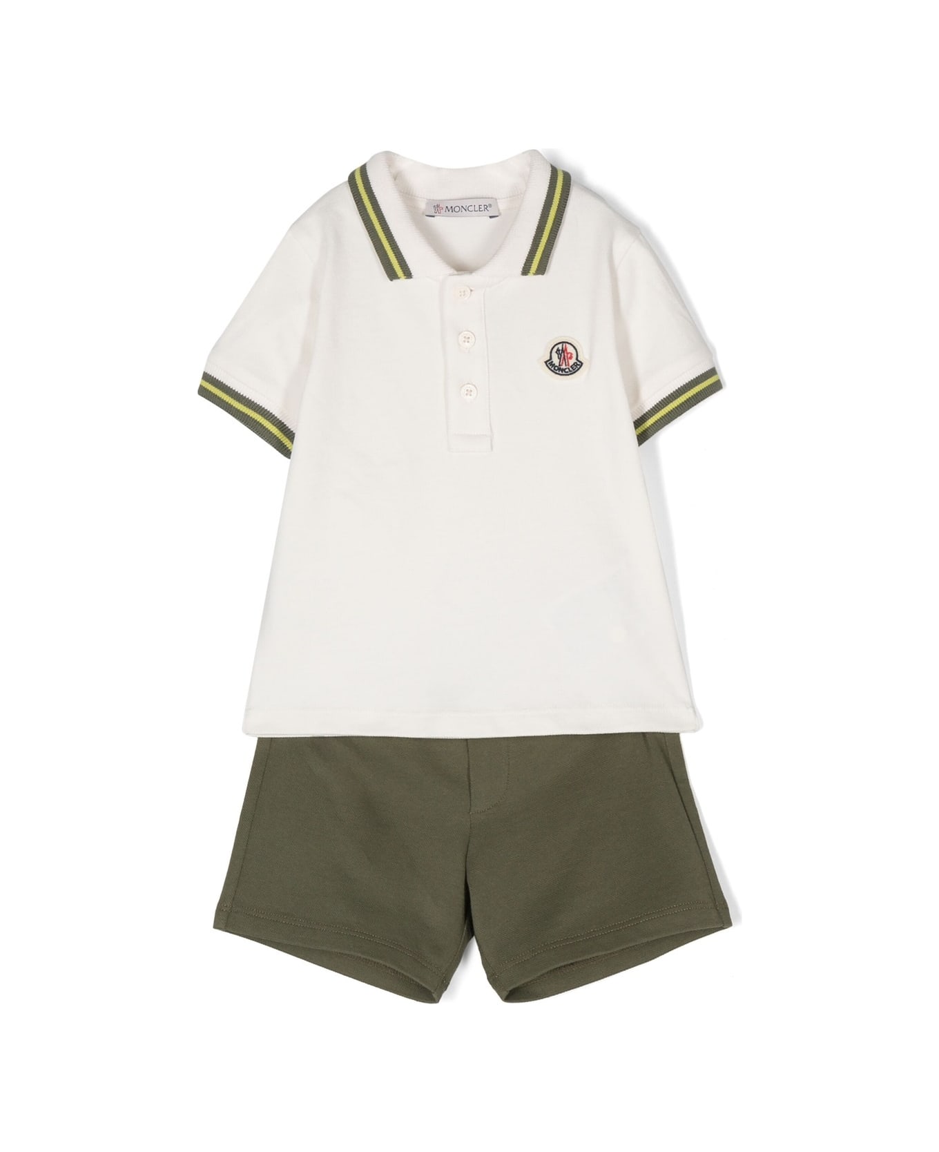 Moncler White And Green Polo Shirt And Shorts Set With Logo