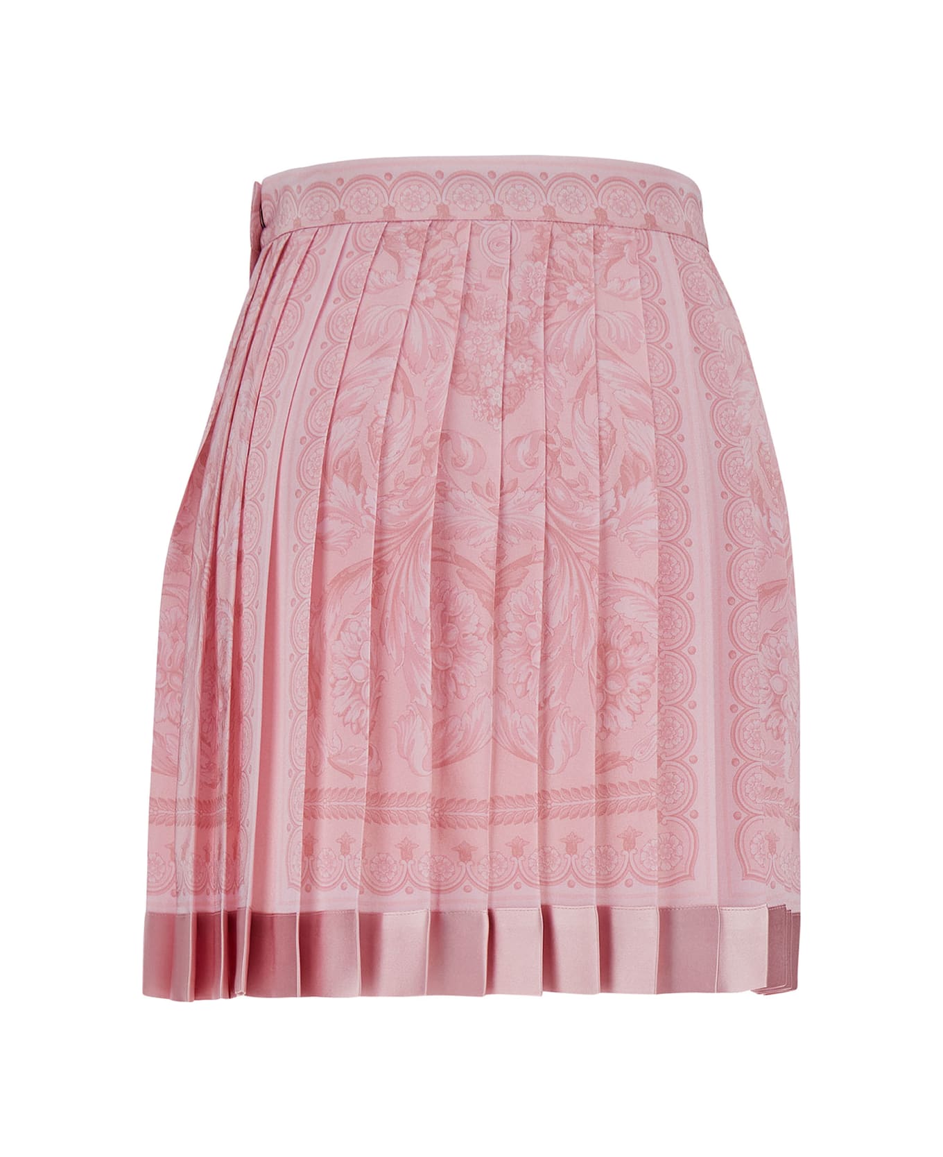 Versace Pink Pleated Mini Skirt With Barocco Motif In Silk Woman - Pink