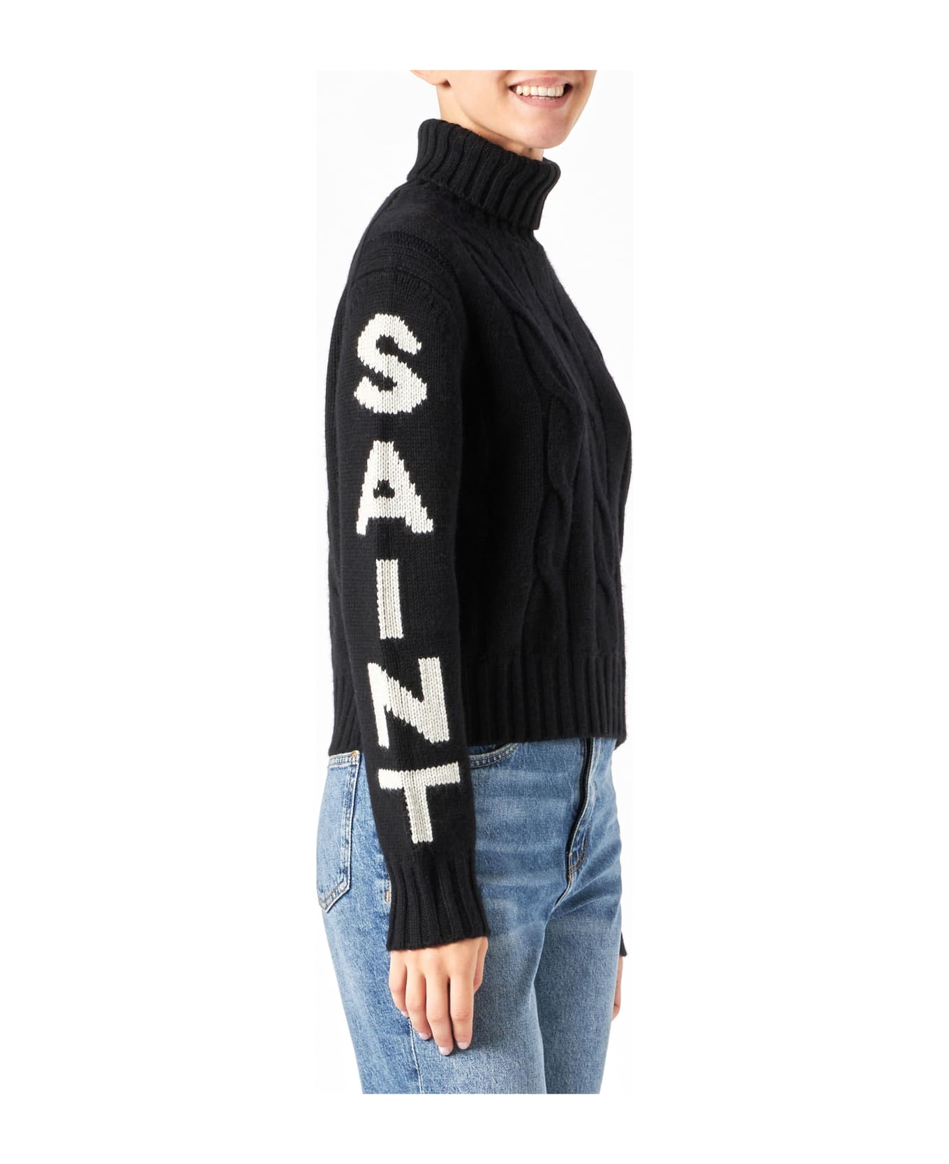 MC2 Saint Barth Woman Black Turtleneck Braided Sweater - BLACK
