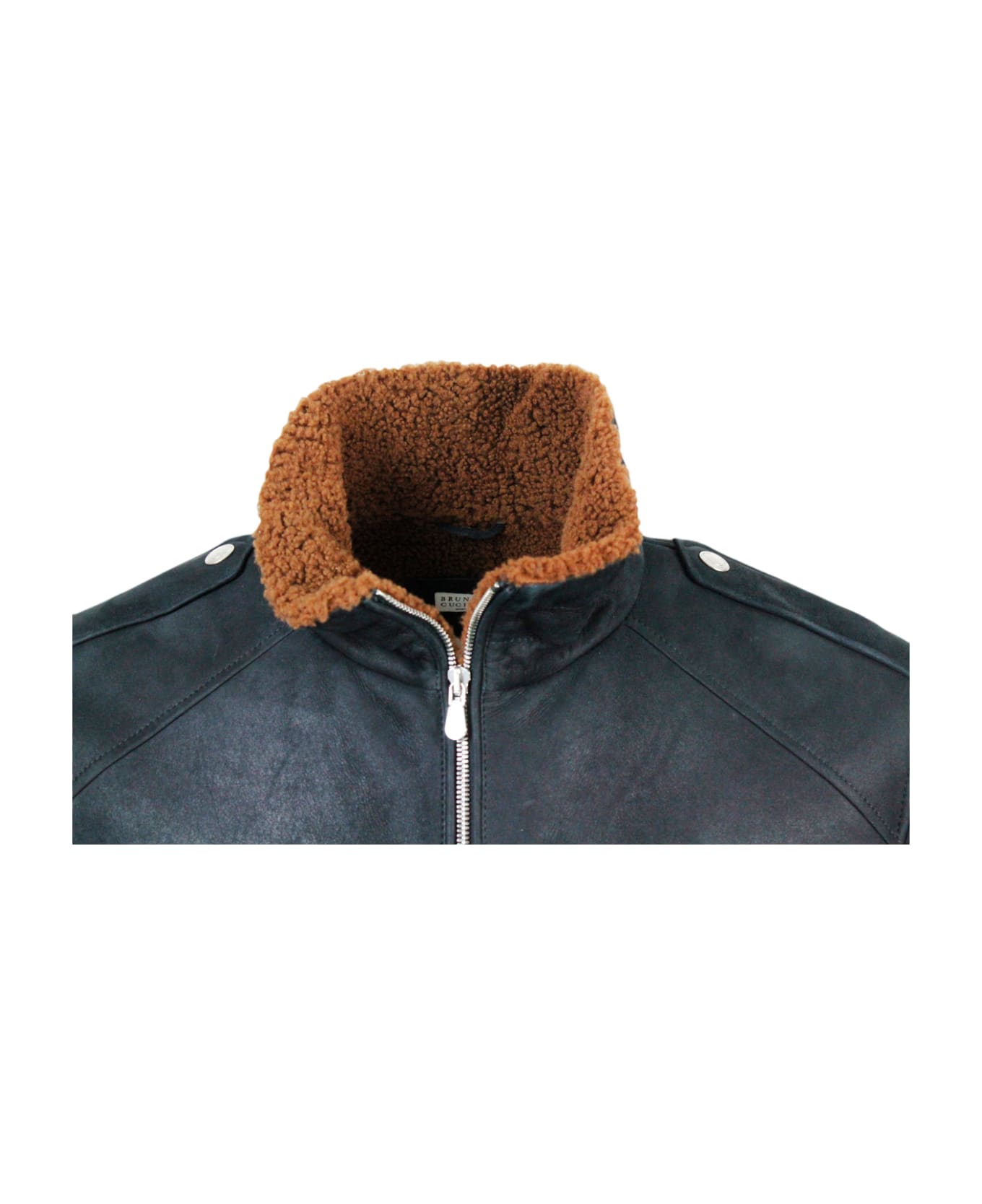 Brunello Cucinelli Suede Shearling Bomber Jacket With Zip Closure And Knitted Cuffs And Bottom - Brown