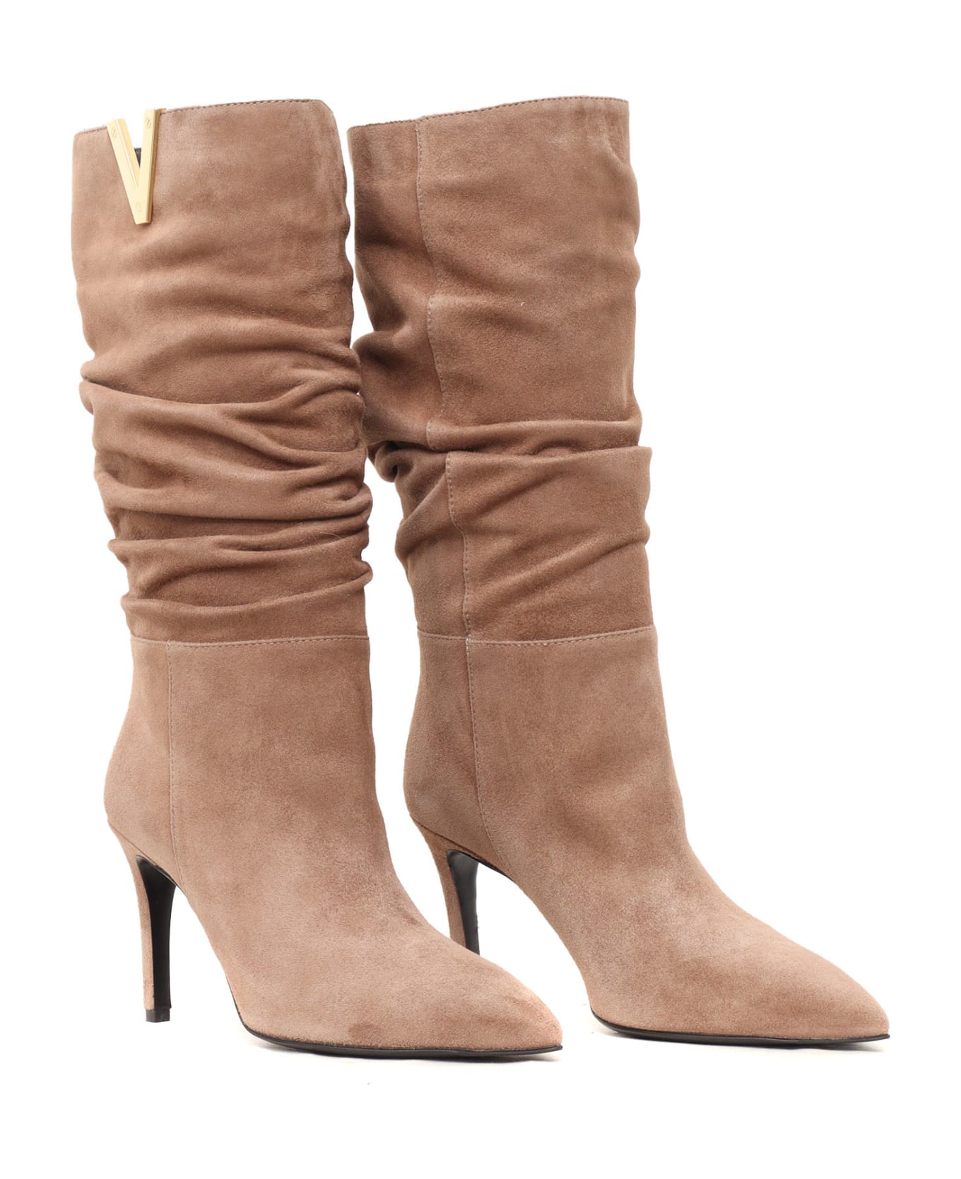 Via Roma 15 Golden V + Stiletto Heel Boots - BEIGE