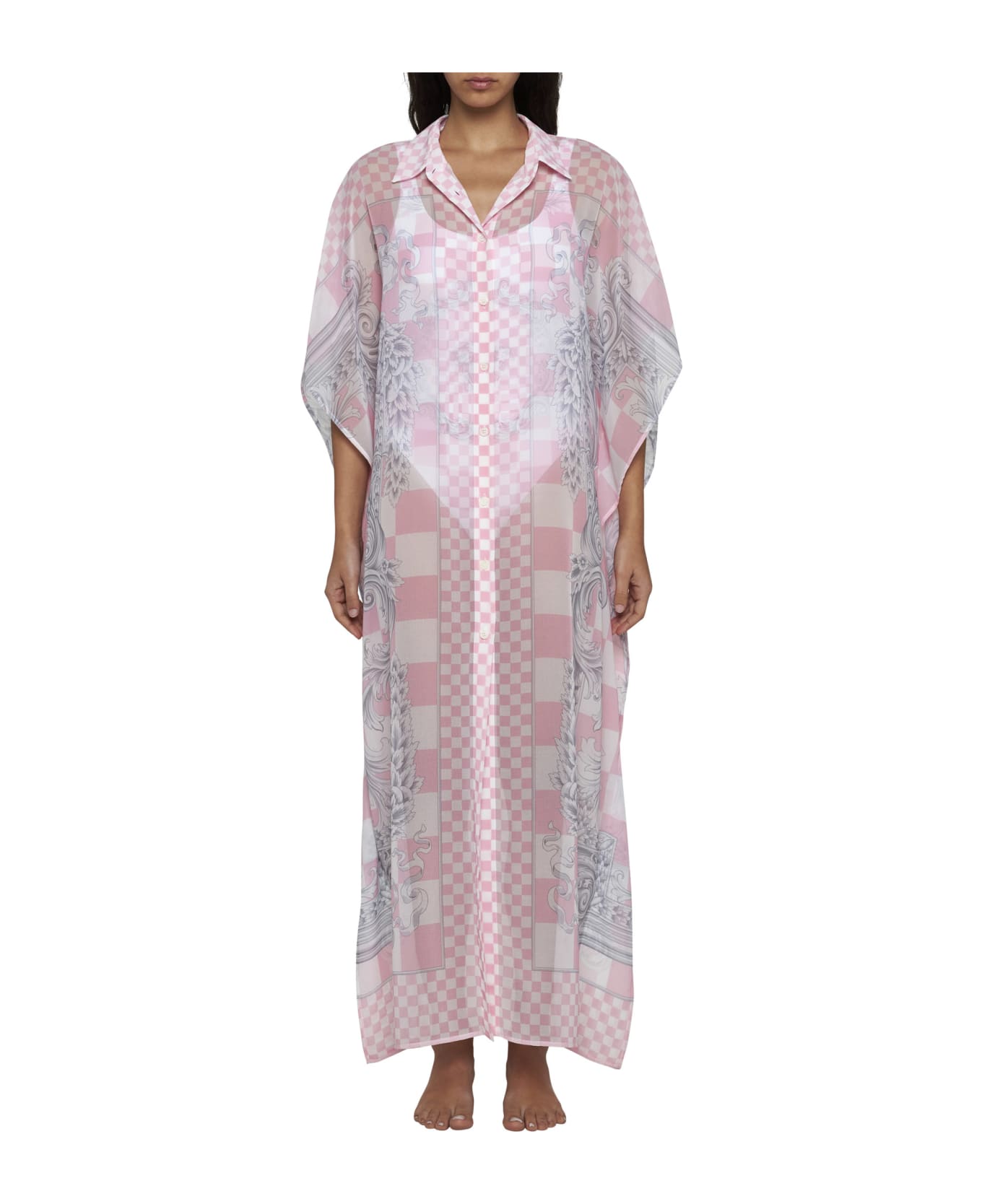 Versace Pink Shirt Dress With Barocco Check Print All-over In Viscose Woman - Pastel pink + white + silver
