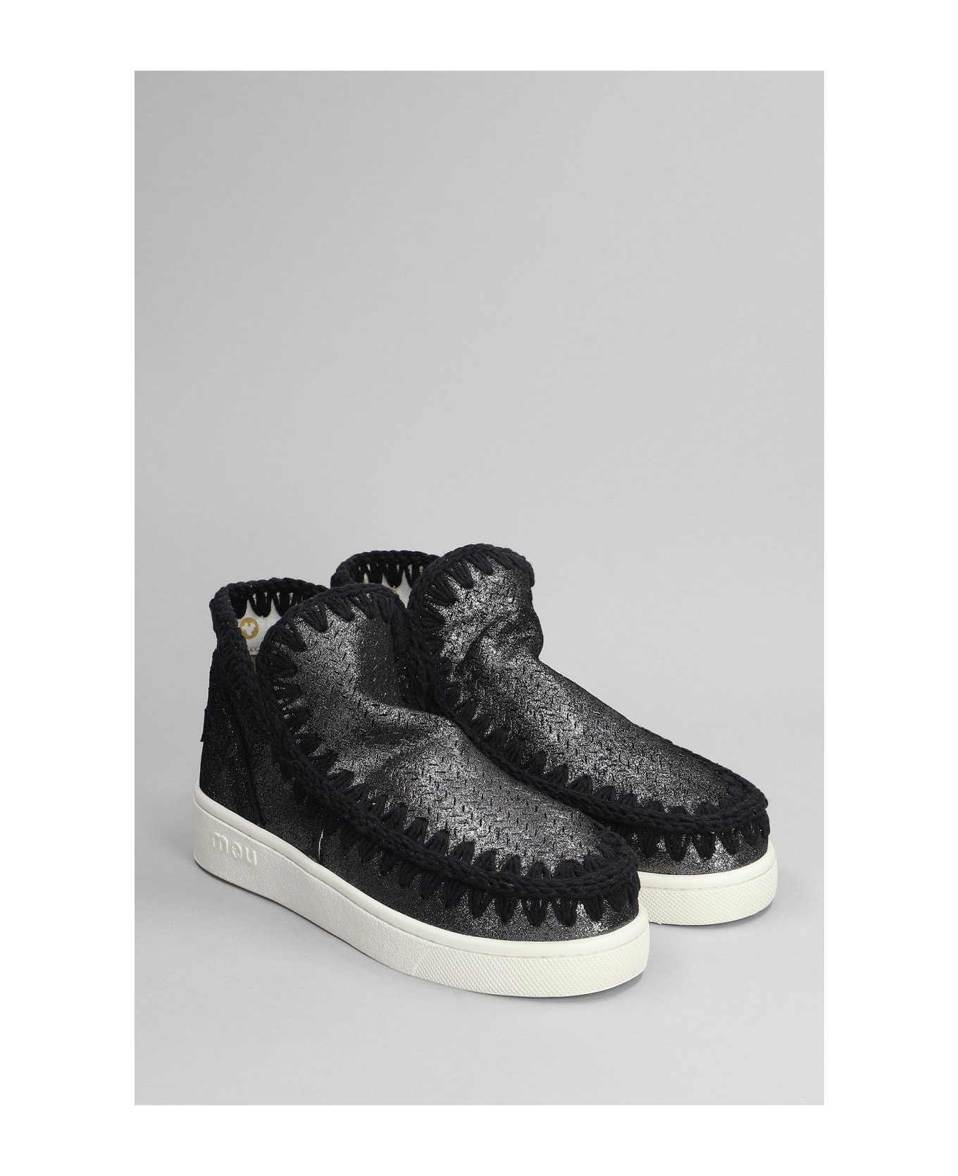 Mou Eskimo Sneaker Low Heels Ankle Boots In Black Glitter - black