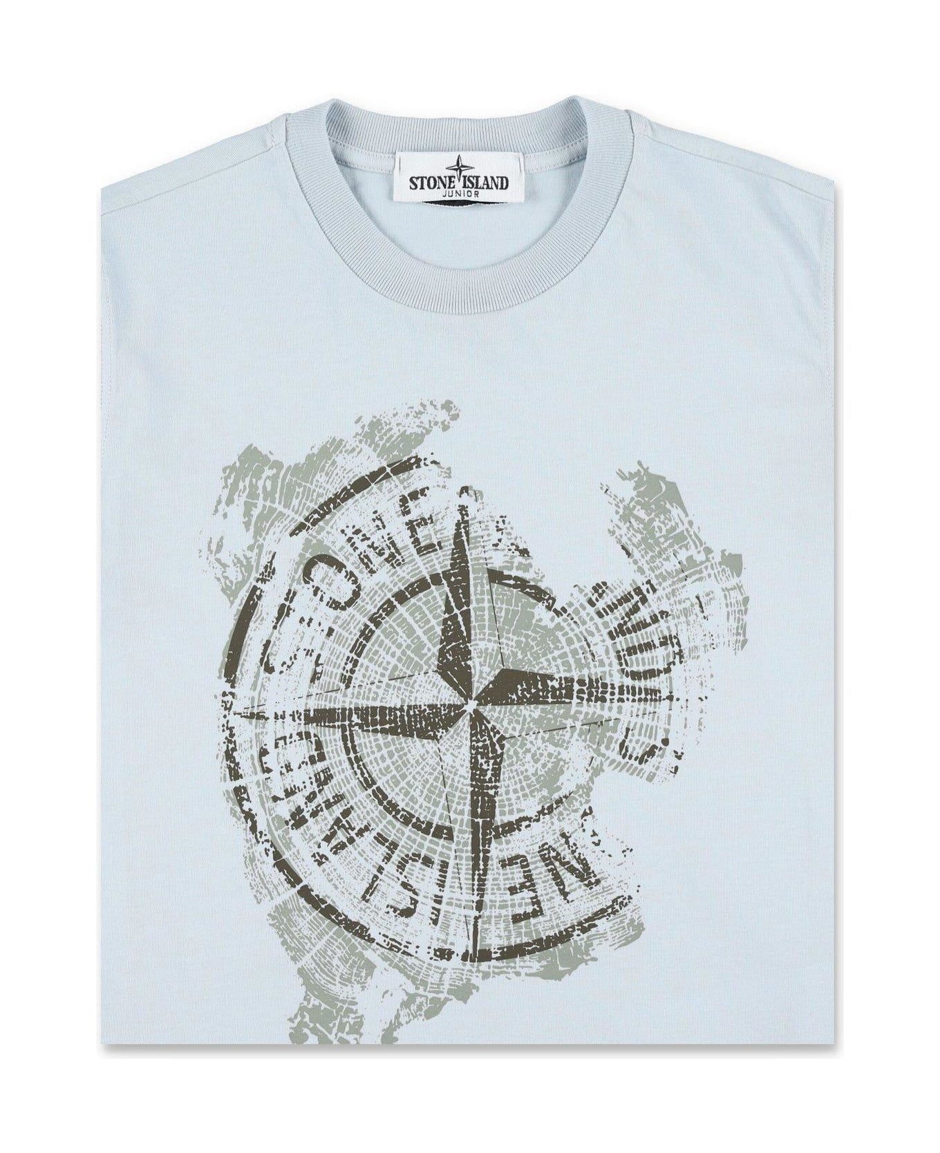 Stone Island Junior Compass Printed Crewneck T-shirt - Clear Blue