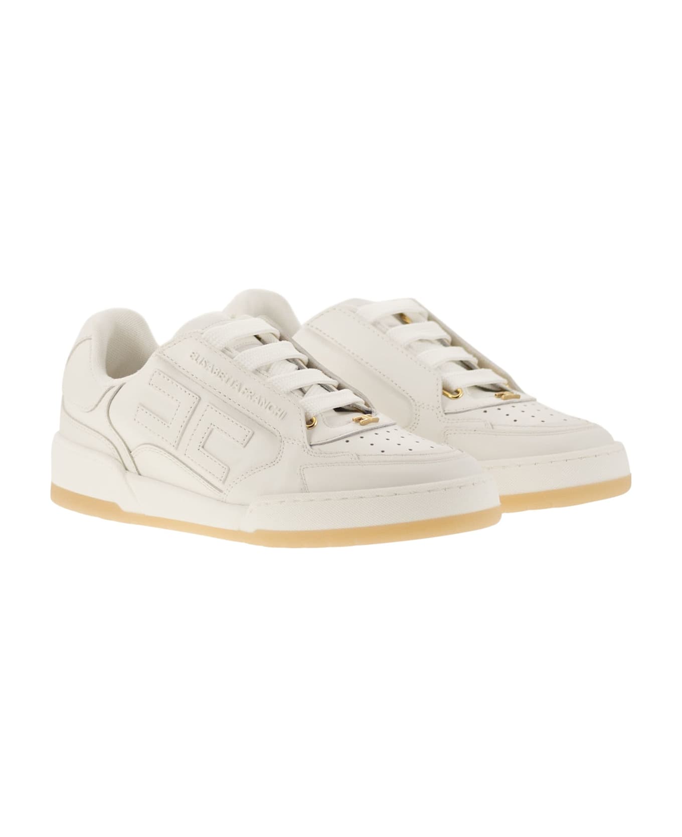 Elisabetta Franchi Leather Sneakers With Logo - Ivory スニーカー