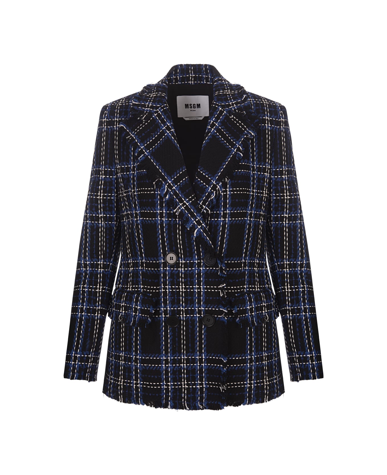 MSGM Double Breasted Blazer In Blue Tweed With Maxi Check Pattern - Blue