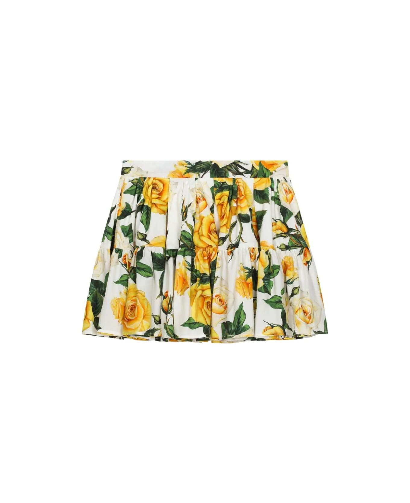 Dolce & Gabbana Yellow Rose Print Poplin Full Skirt - White ボトムス