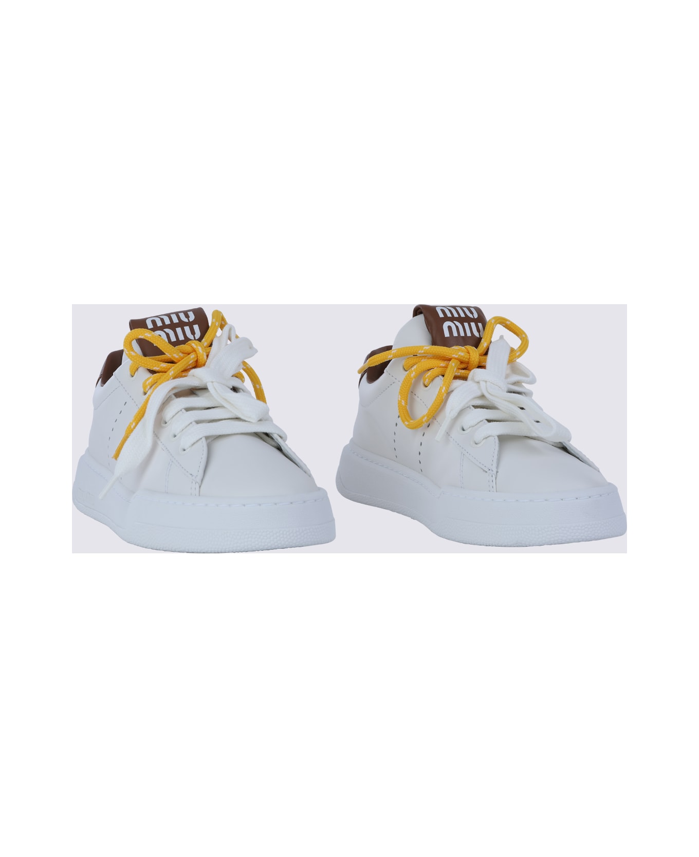 Miu Miu White Leather Sneakers - BIANCO/COGNAC