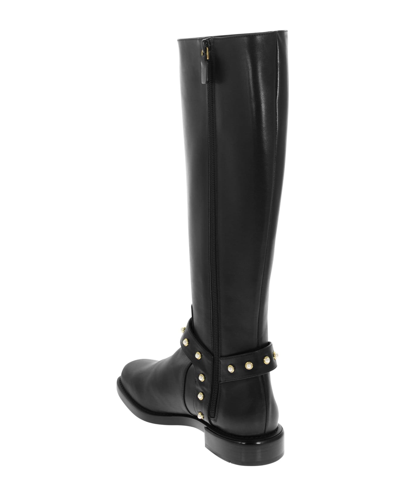 Stuart Weitzman Pearl Moto - Leather Boot With Pearls - Black ブーツ