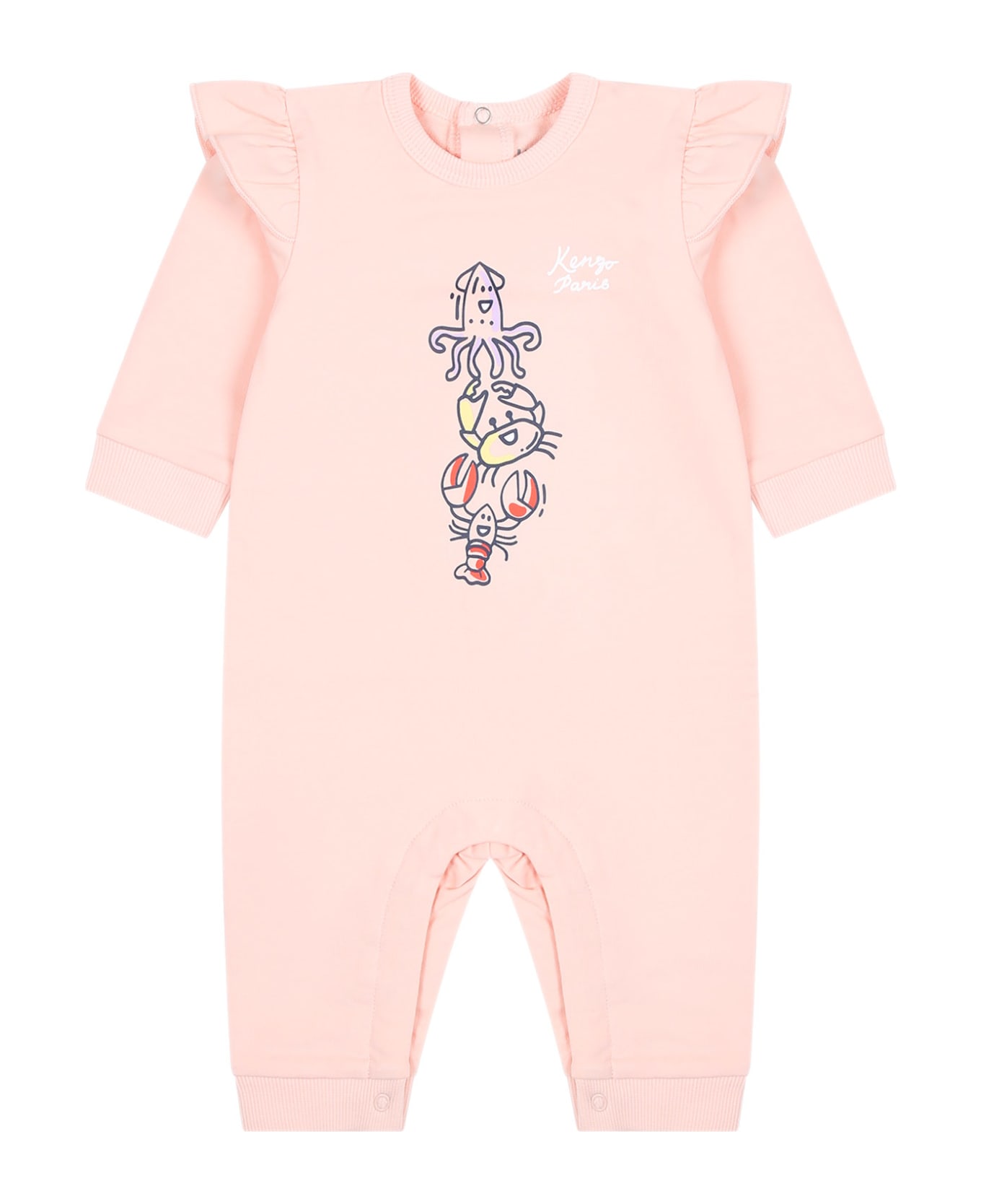 Kenzo Kids Pink Babygrow For Baby Girl With Print And Logo - Pink ボディスーツ＆セットアップ