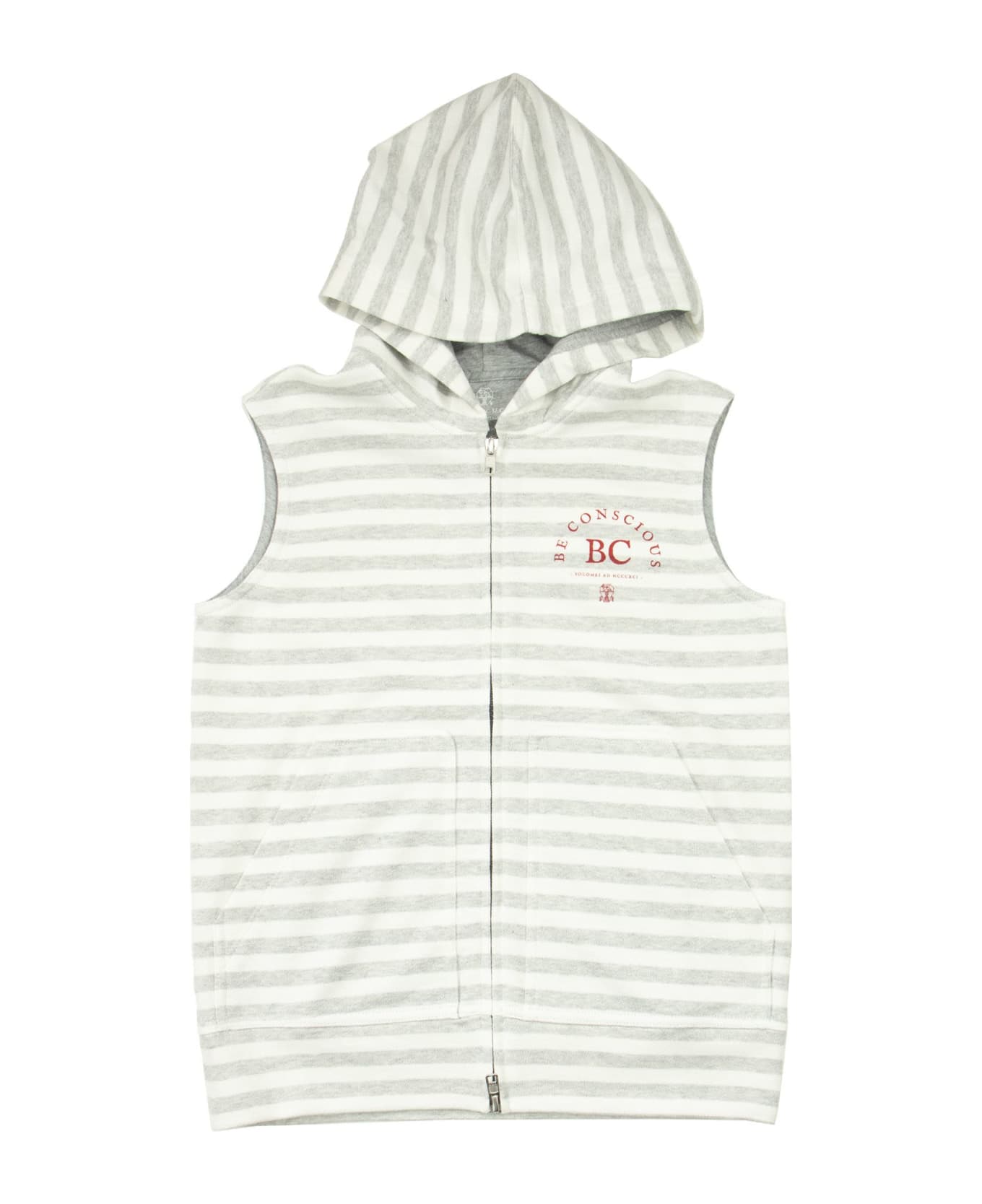 Brunello Cucinelli Cotton And Linen Striped French Terry Sleeveless Sweatshirt With Hood And Print - Pearl Grey