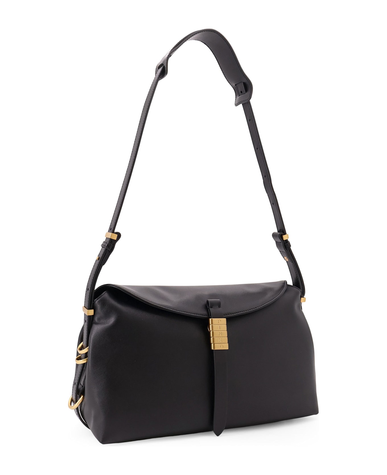 Pinko Leather Shoulder Bag With Metal Detail With Engraved Logo - Black