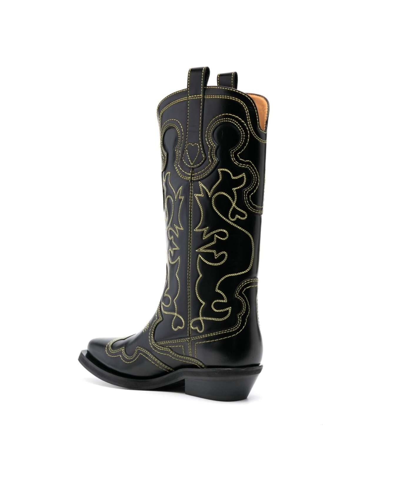 Ganni Black 'cowboy' Boots With Contrasting Embroidered Stitching In Leather Woman - Black